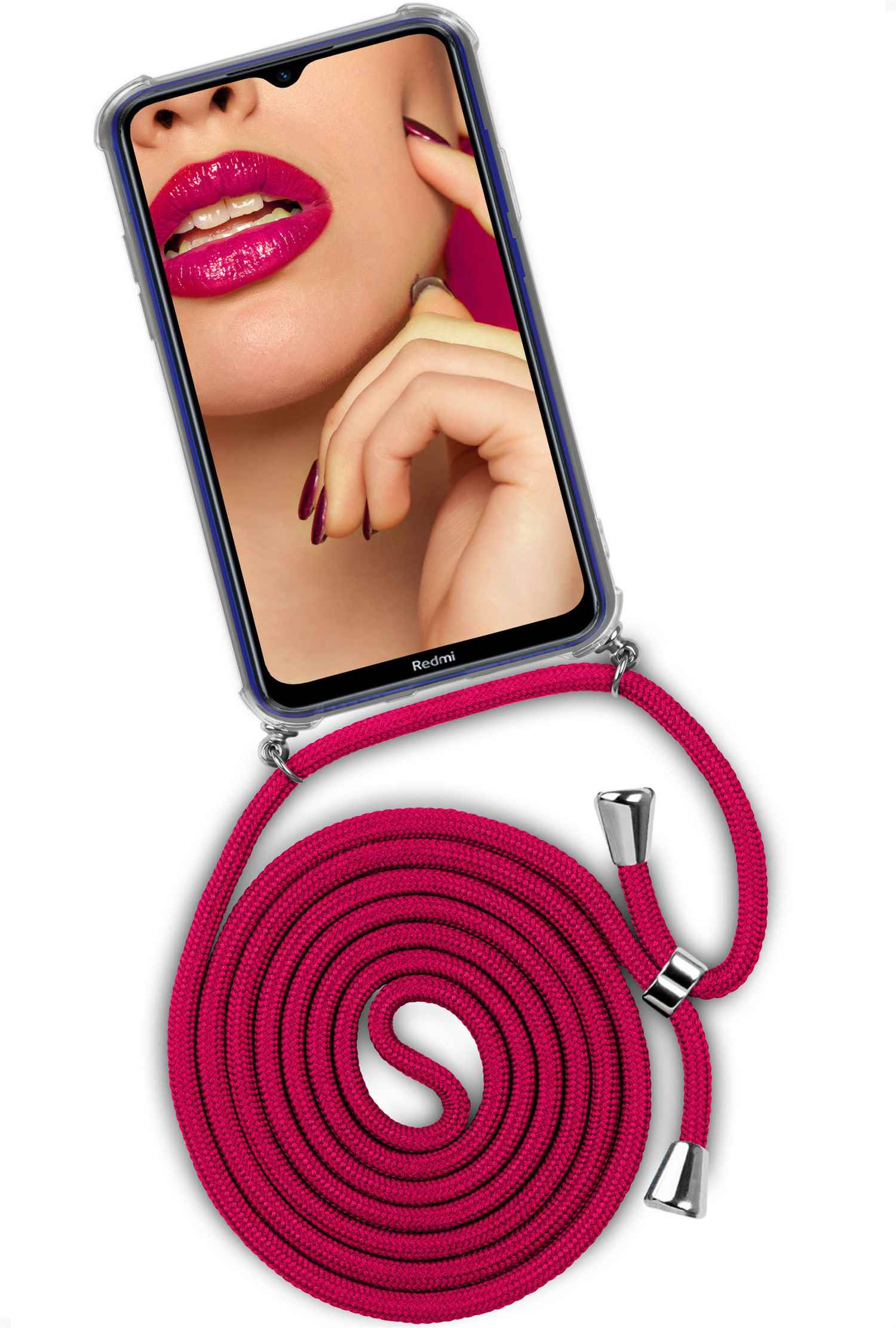 Handyhülle mit pinkfarbenem Kordel. Telefon zeigt Frauenlippen mit pinkem Lippenstift.
