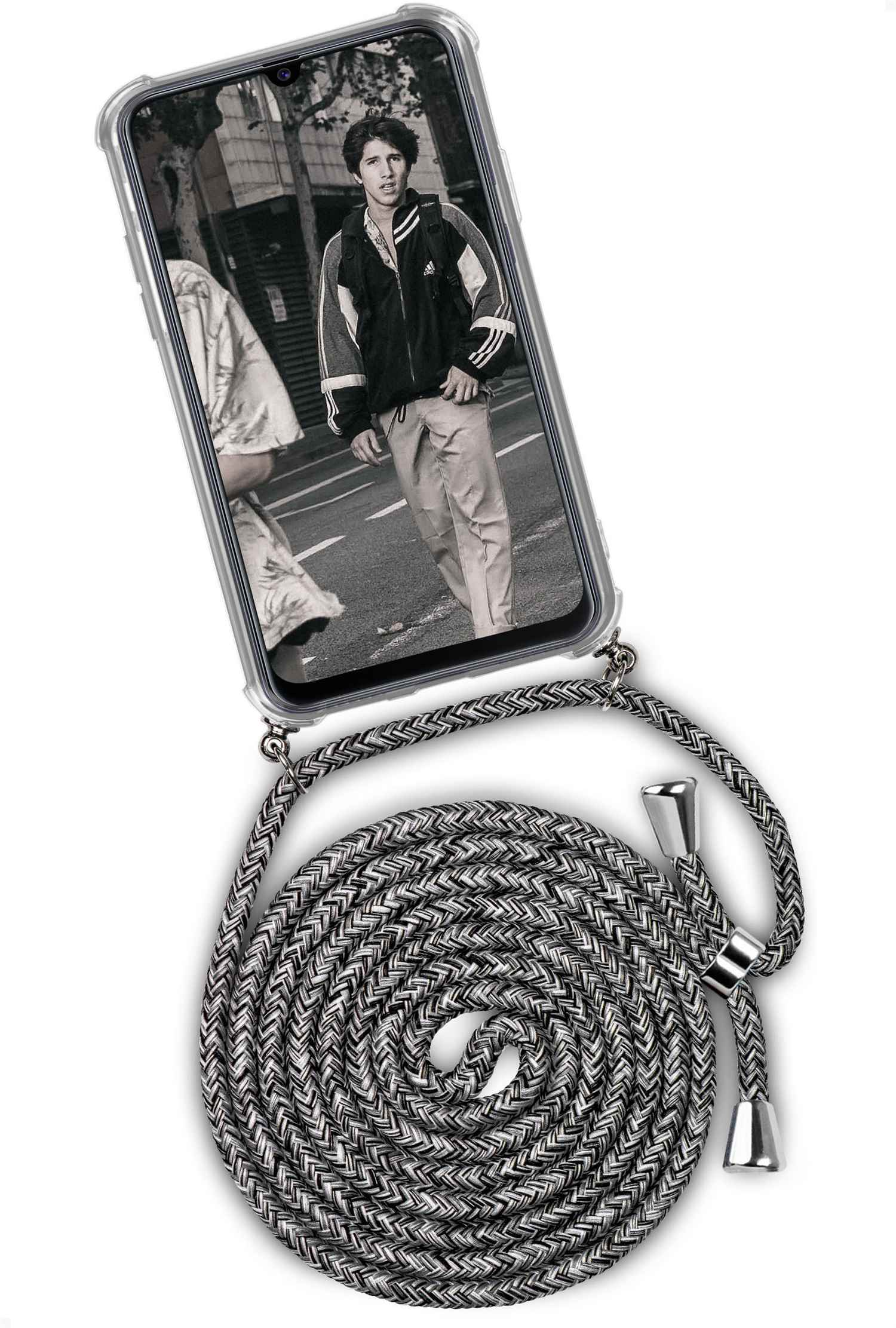 Telefon mit Mann auf der Straße. Schwarz-graues Kabel. Weißer Hintergrund.