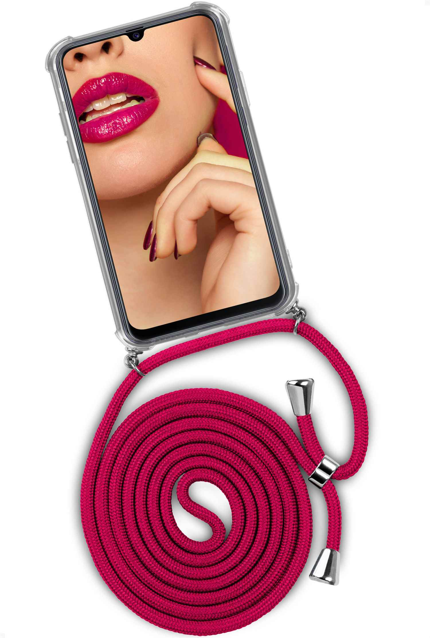 Telefon mit Frau mit rosa Lippen, rosa Seil. Das Gehäuse ist transparent.