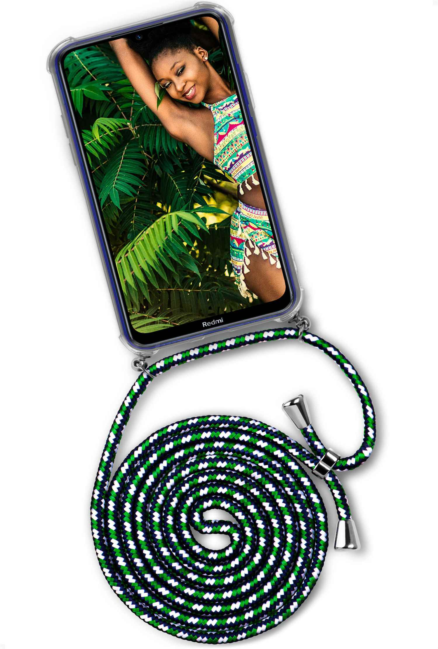 Telefon mit Frauenfoto und einer grün, schwarz und weißen Kordel.