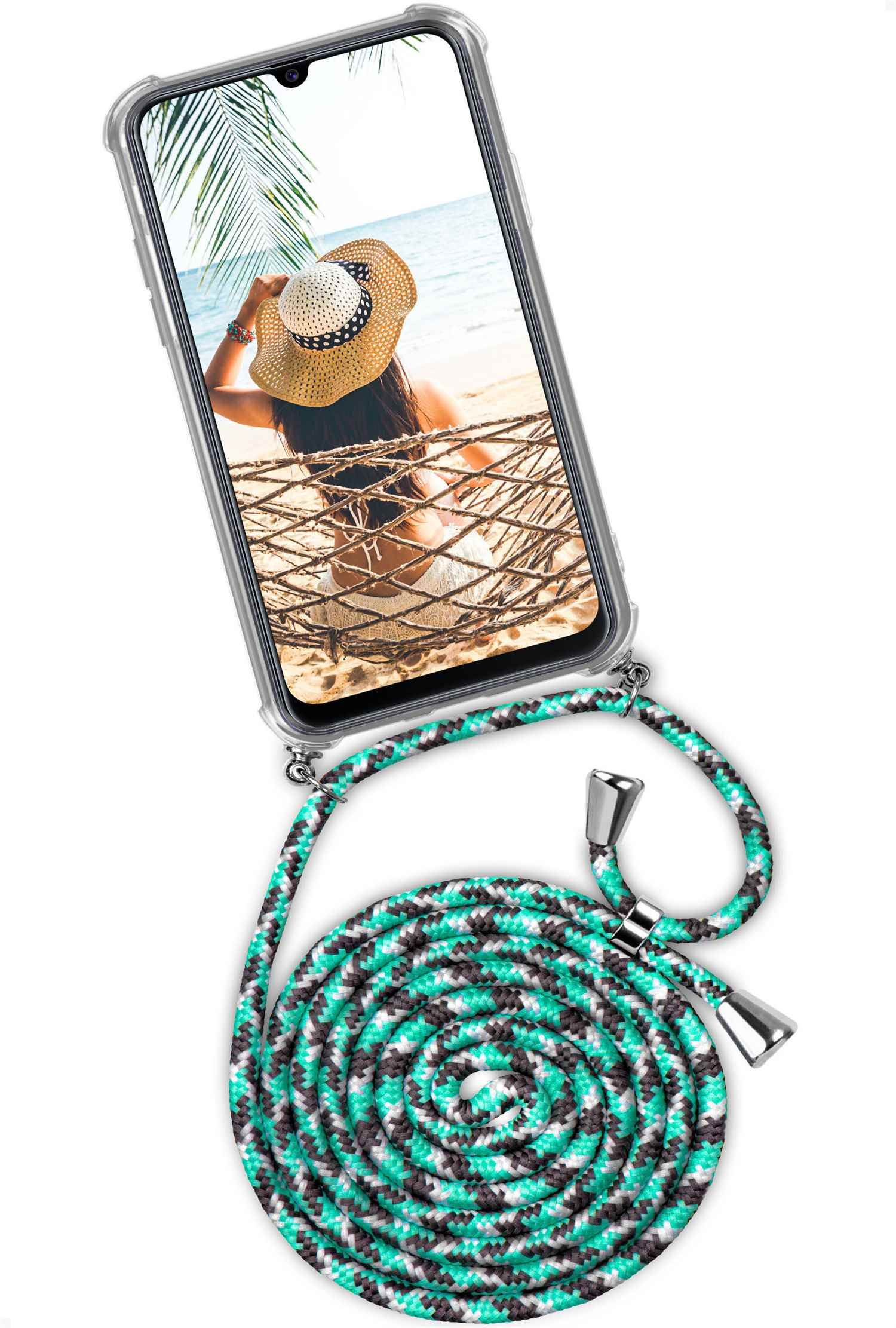 Grün-schwarzes Schnur-Handycase. Telefon zeigt eine Frau in einer Hängematte am Strand.