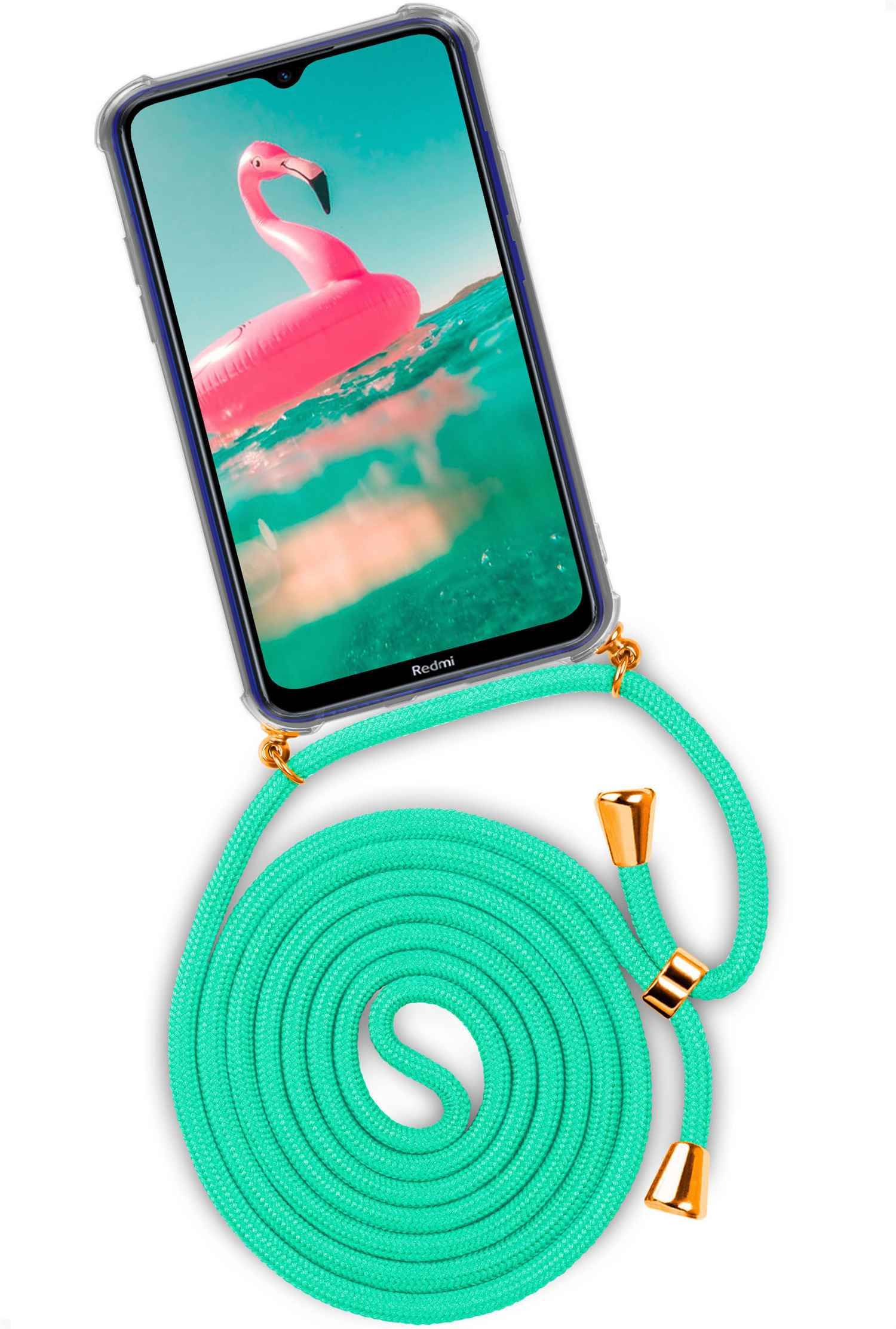 Handyhülle mit Flamingo. Grüne Kordel mit goldenen Akzenten.