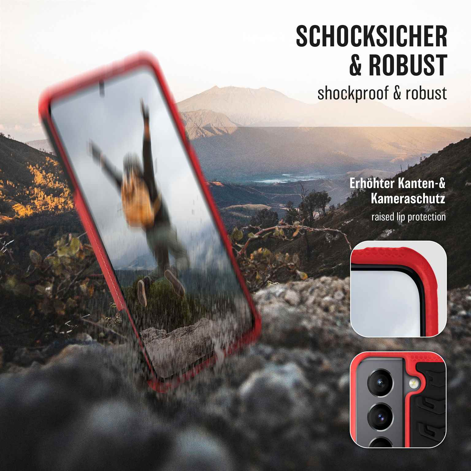 Rote Handyhülle mit einem Telefonbildschirm, der eine springende Person zeigt. Text: Stoßfest & Robust.