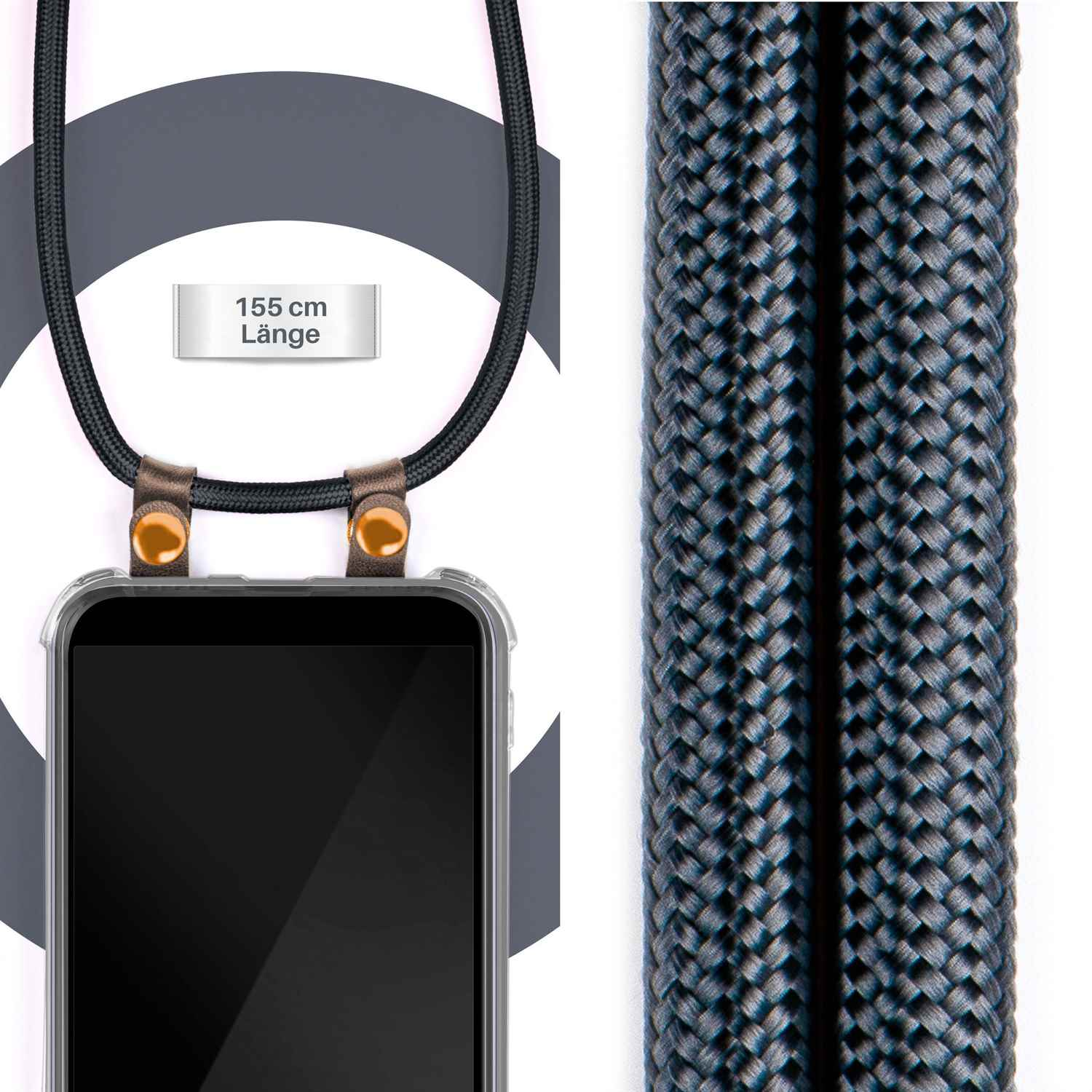 Telefon im Gehäuse mit schwarzem und blauem Band. Text sagt 155 cm Länge.