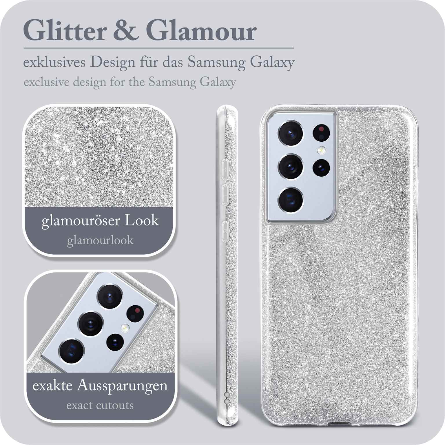Silbernes Glitzer-Handycase mit Nahaufnahmen und Text. Text: 'Glitter & Glamour', 'glamouröser Look'.