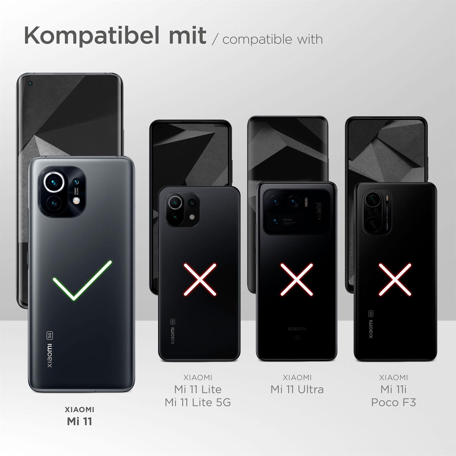 Telefone mit verschiedenen Modellen, die Kompatibilität zeigen. Xiaomi Mi 11 ist kompatibel, andere nicht.