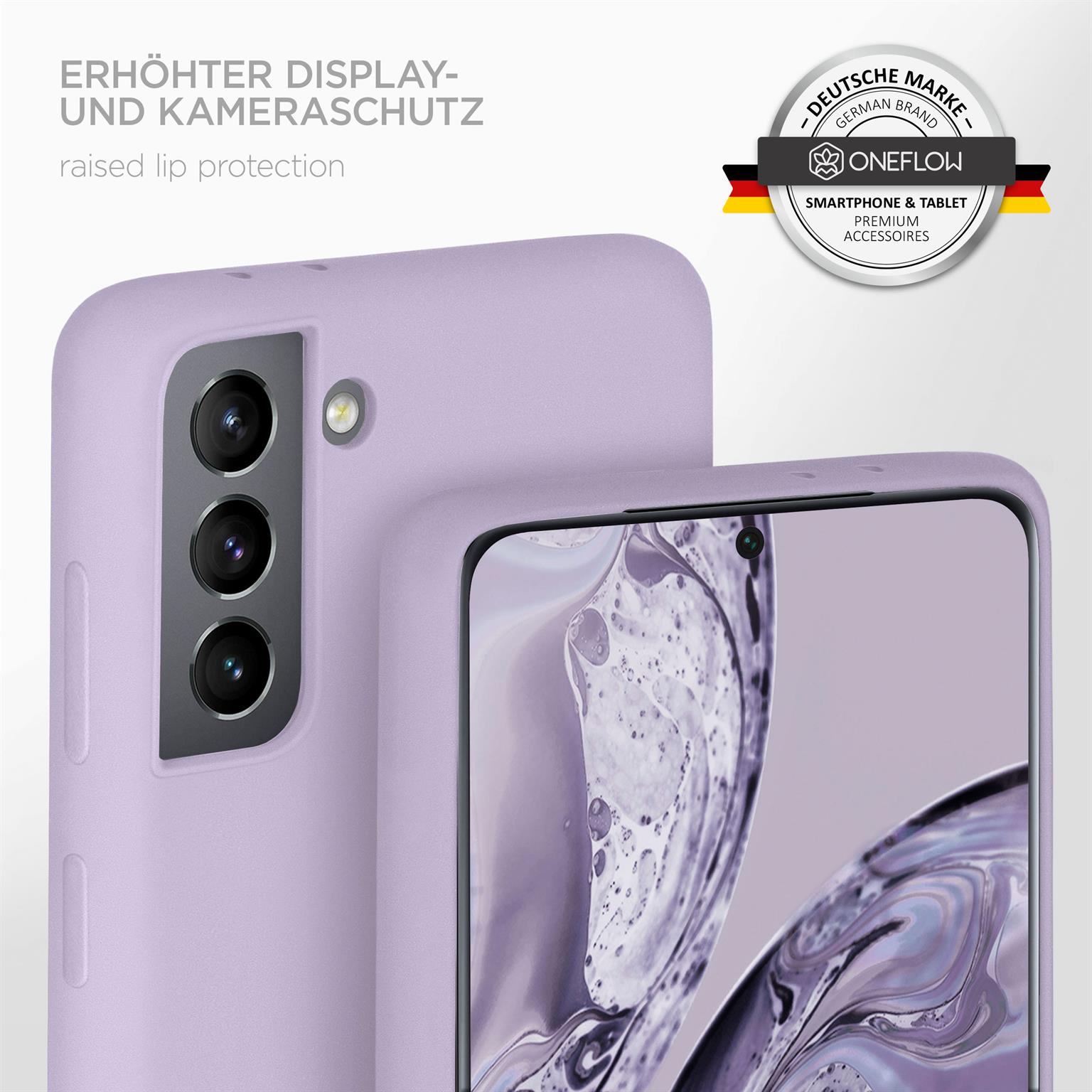 Eine lila Handyhülle mit erhöhtem Rand. Das Telefon zeigt die Kameralinsen.