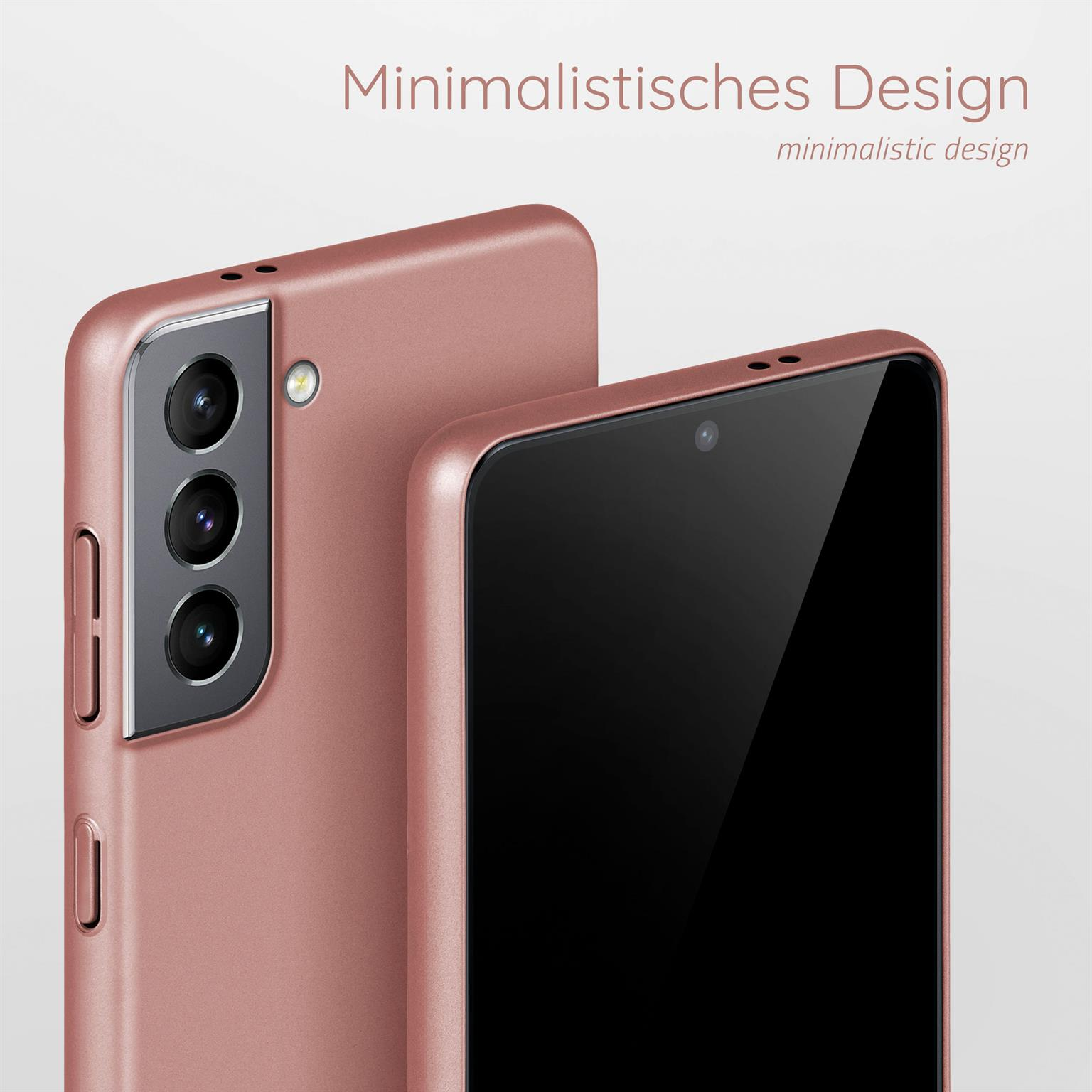 Zwei roségoldene Telefone, eines im Fokus, mit dem deutschen Text "Minimalistisches Design", was minimalistisches Design bedeutet.