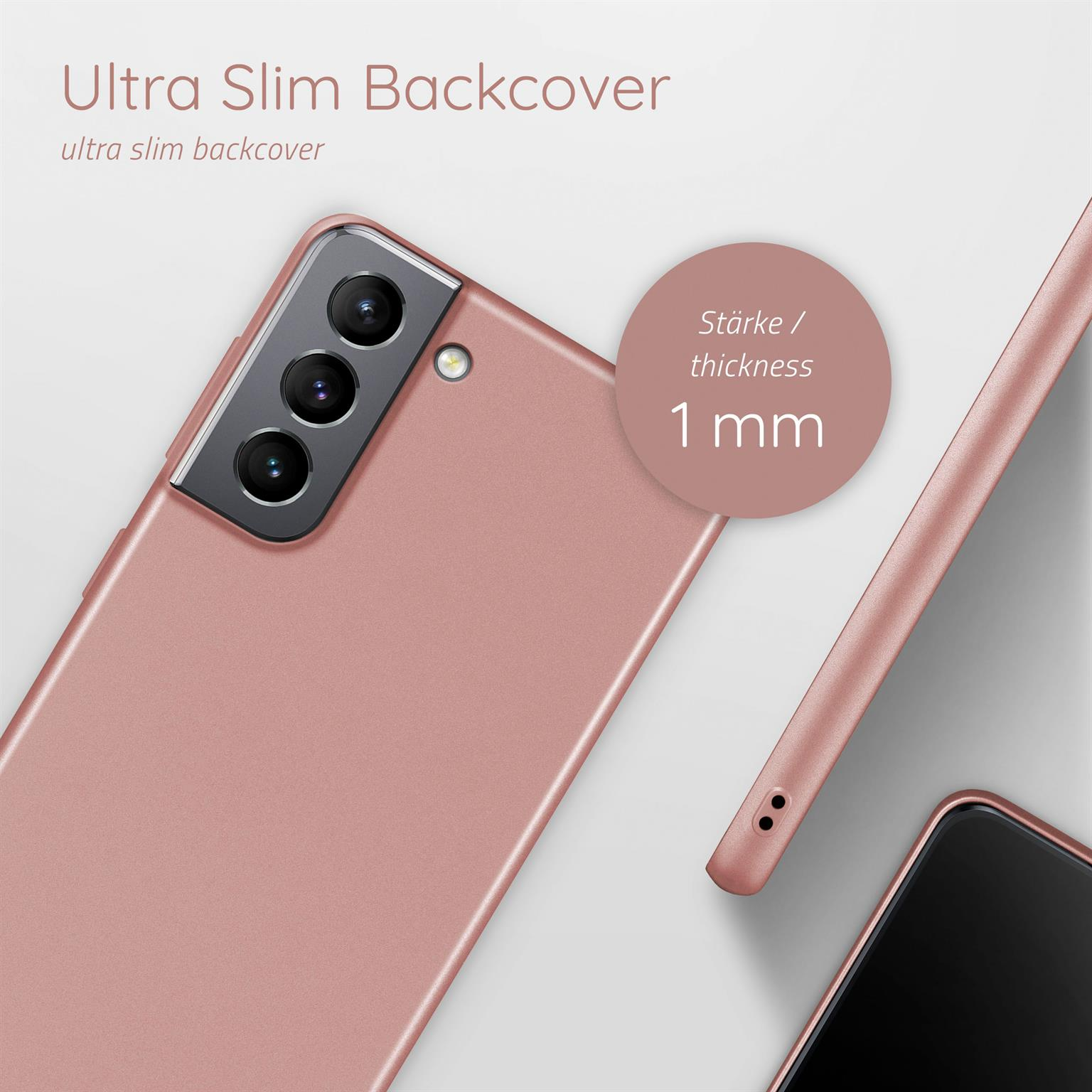 Roségoldenes Telefoncase, ultradünn, mit 1 mm Dicke Text, auf weißem Hintergrund.