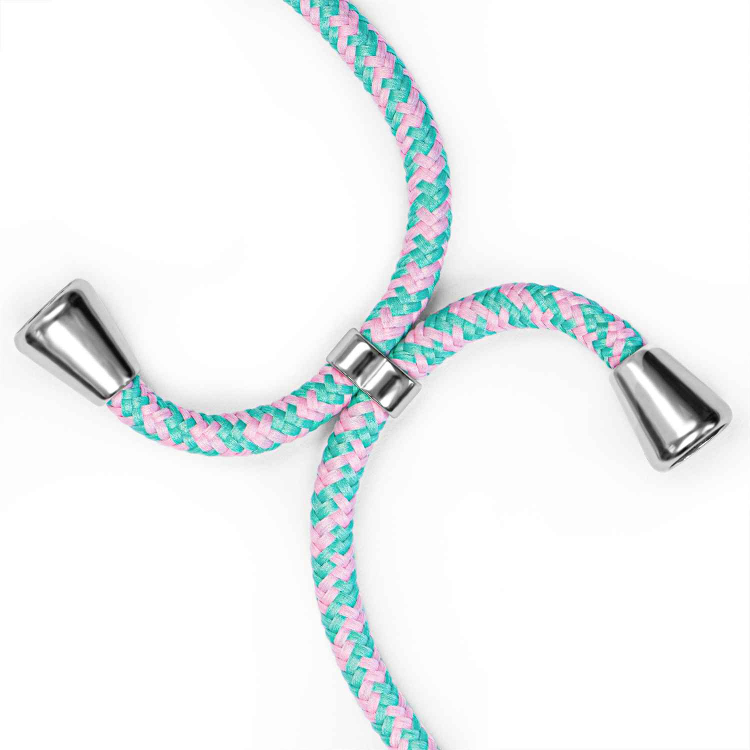 Zwei Telefonriemenenden sind verbunden und bilden ein Kreuz. Der Riemen ist rosa und blaugrün.