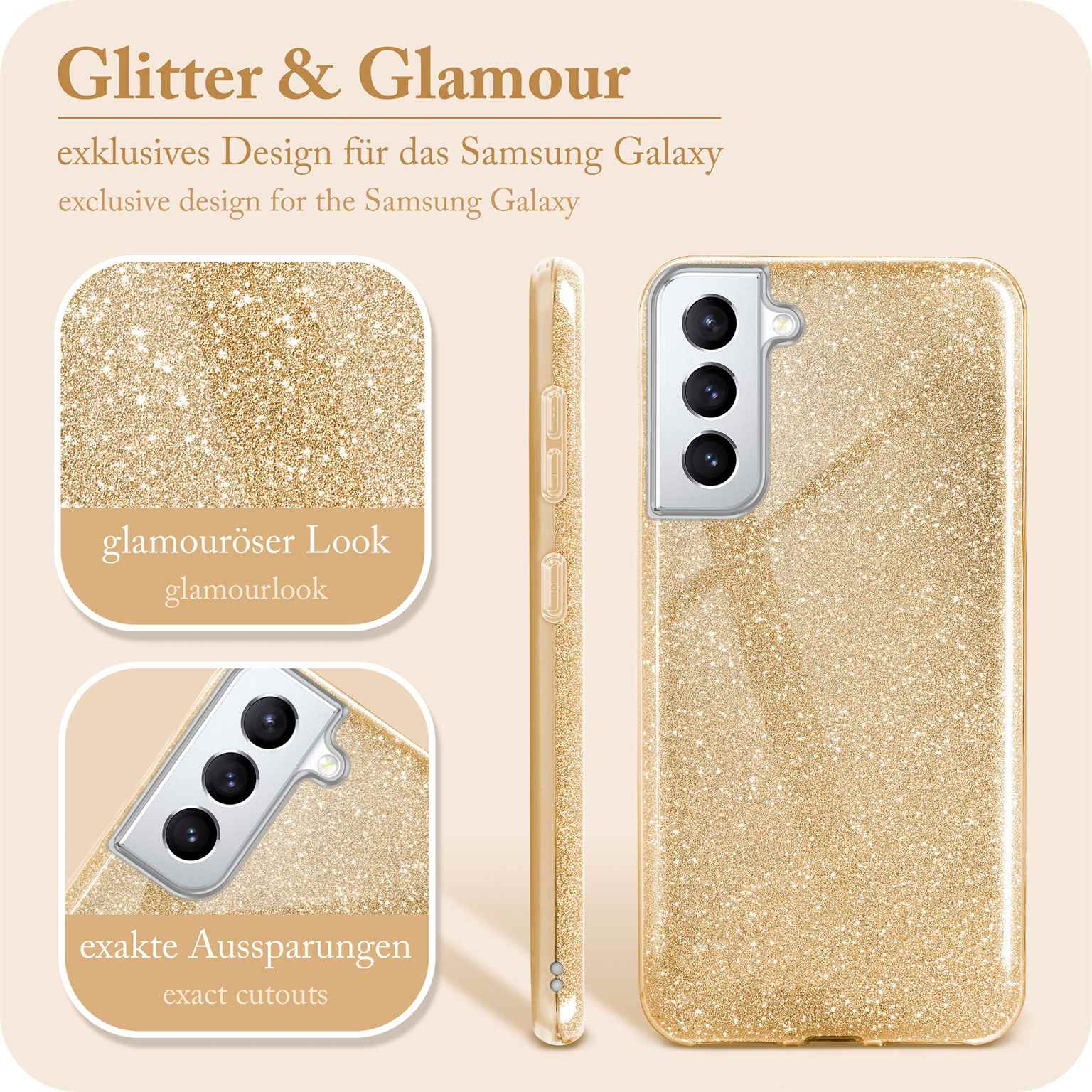Goldene Glitzer-Handyhülle mit Text und Grafiken. Zeigt Gehäusedetails und Ausschnitte für ein Samsung Galaxy.