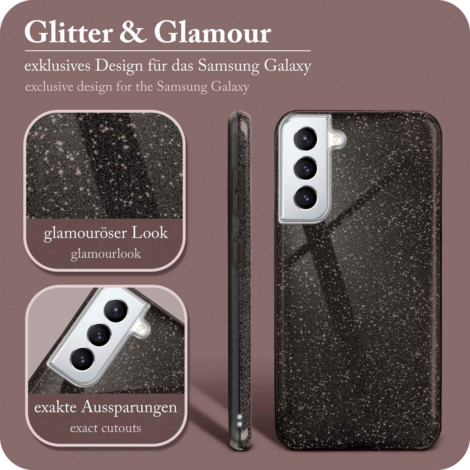 Eine Handyhülle mit glitzerndem Design. Der Text lautet „Glitter & Glamour“ und „exklusives Design“.