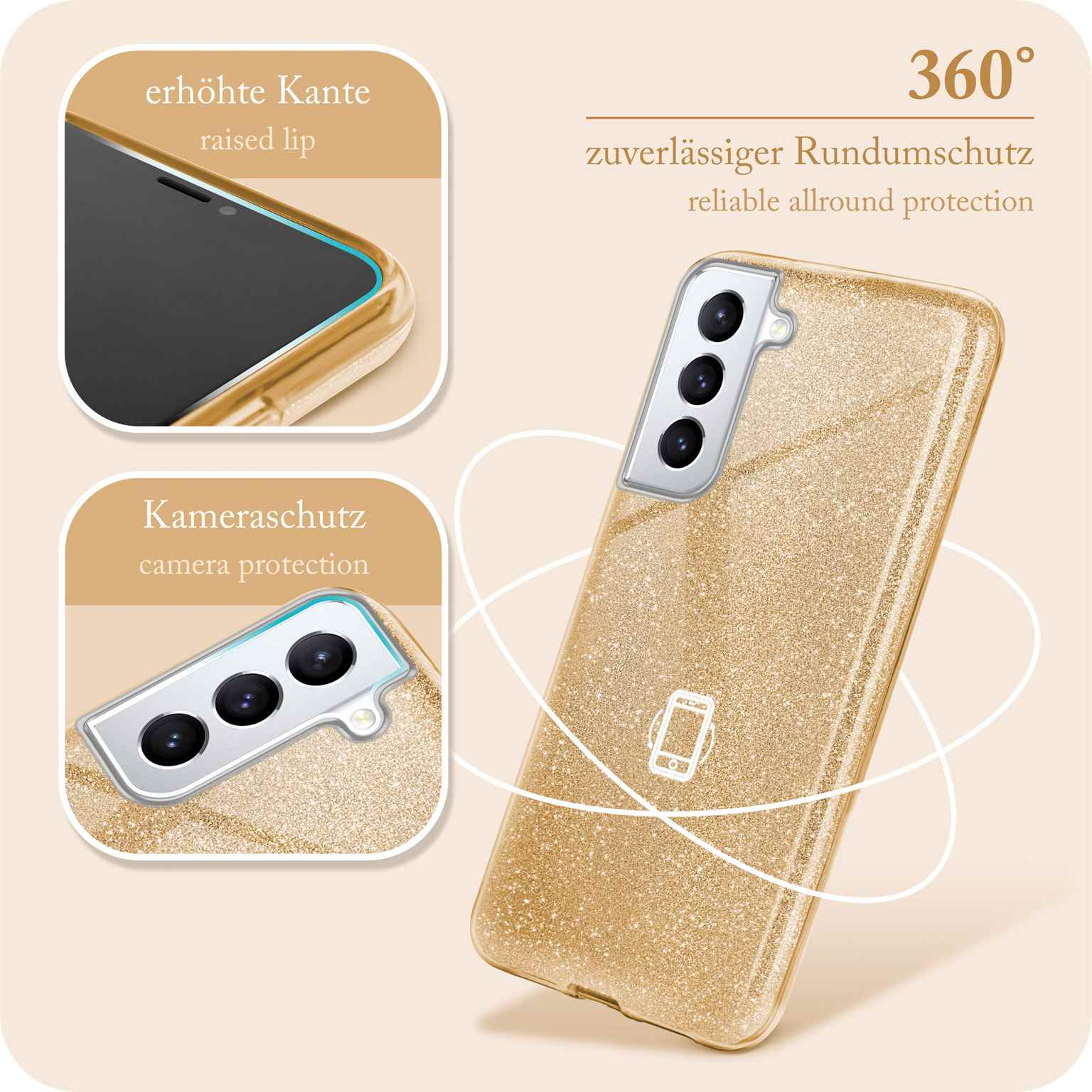 Goldglitzer-Handyhülle. Kamera- und Bildschirmschutz mit erhöhtem Rand, 360-Grad-Schutz.