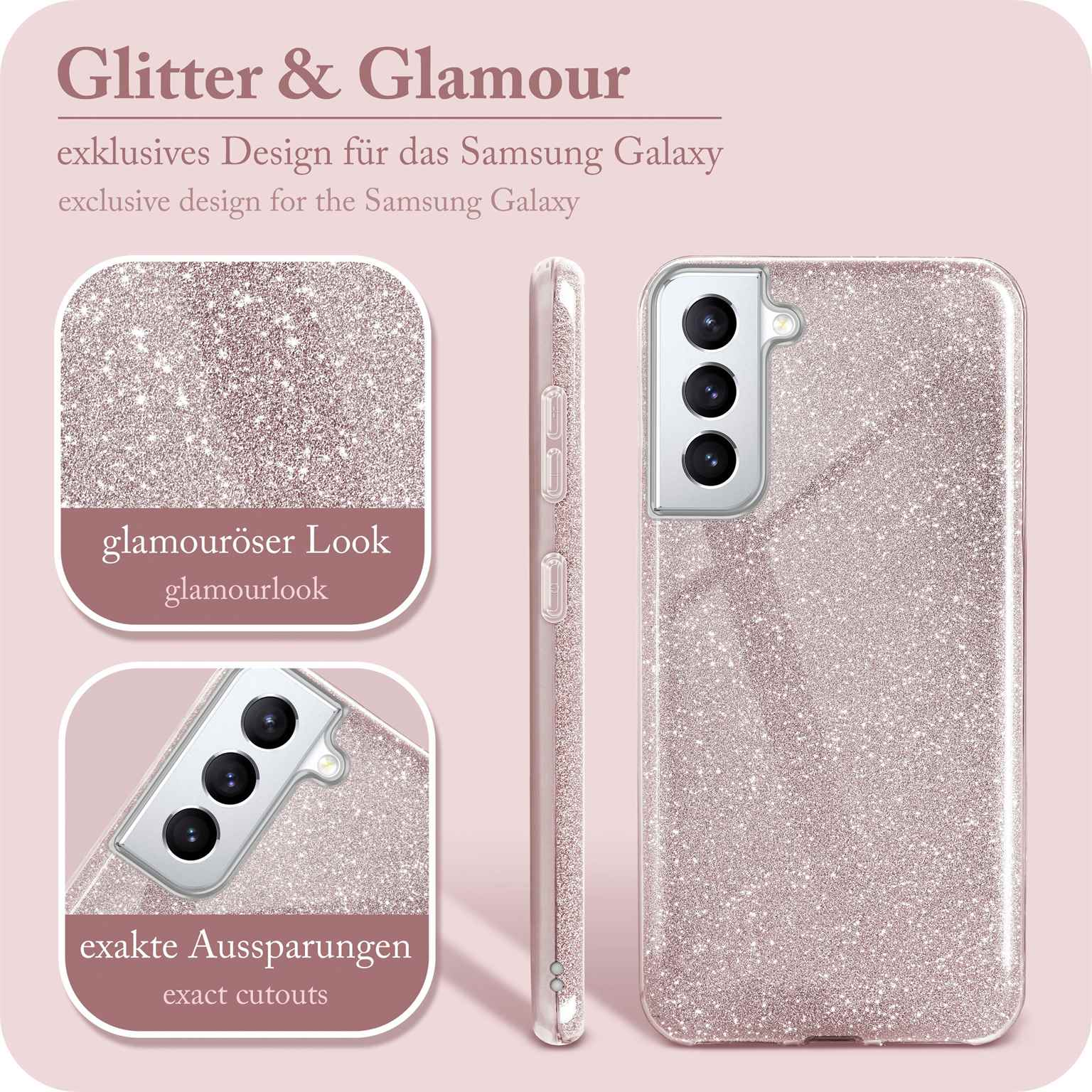 Produktbilder einer glitzernden rosa Handyhülle. Text lautet: Glitter & Glamour, Glamour-Look und exakte Ausschnitte.