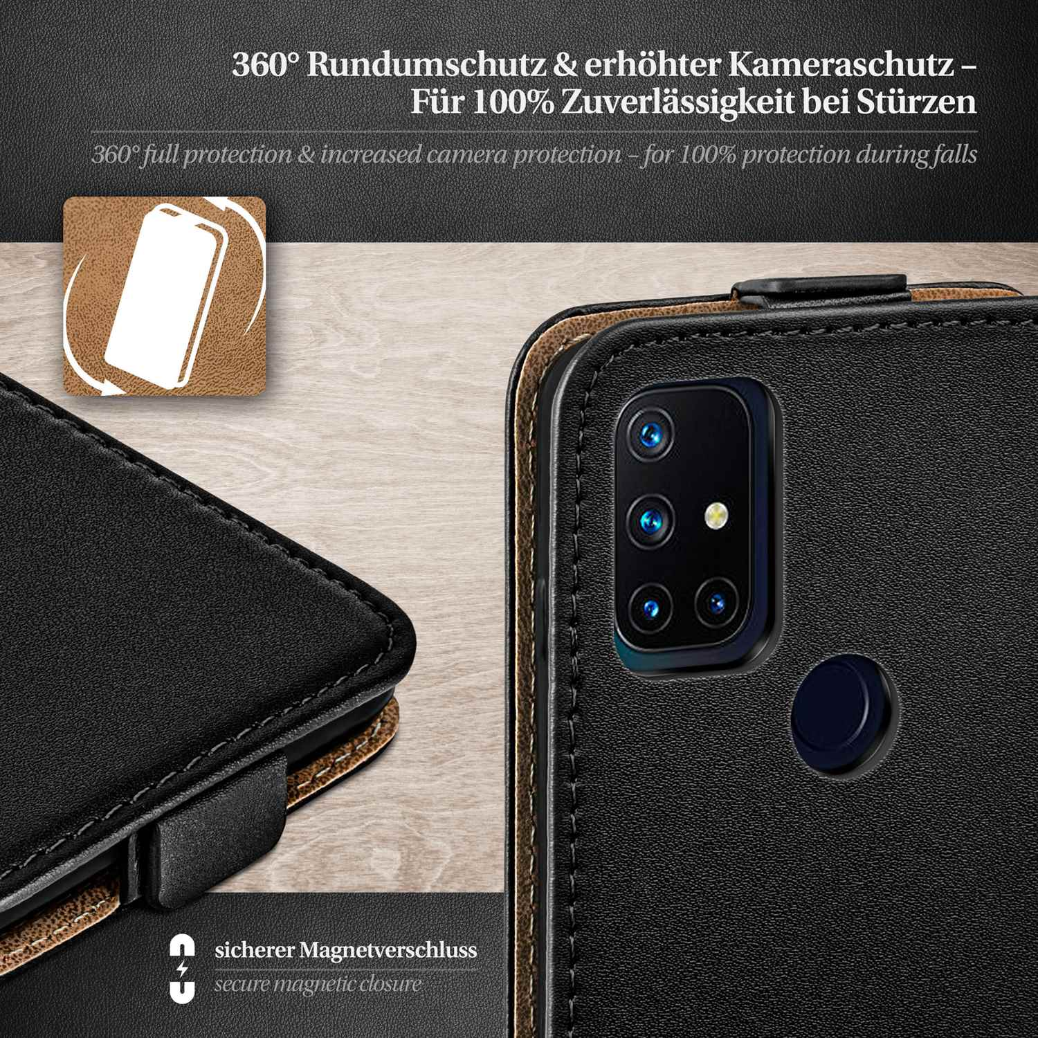 Eine schwarze Handyhülle mit sicherem Magnetverschluss wird mit Text über den Schutz gezeigt.