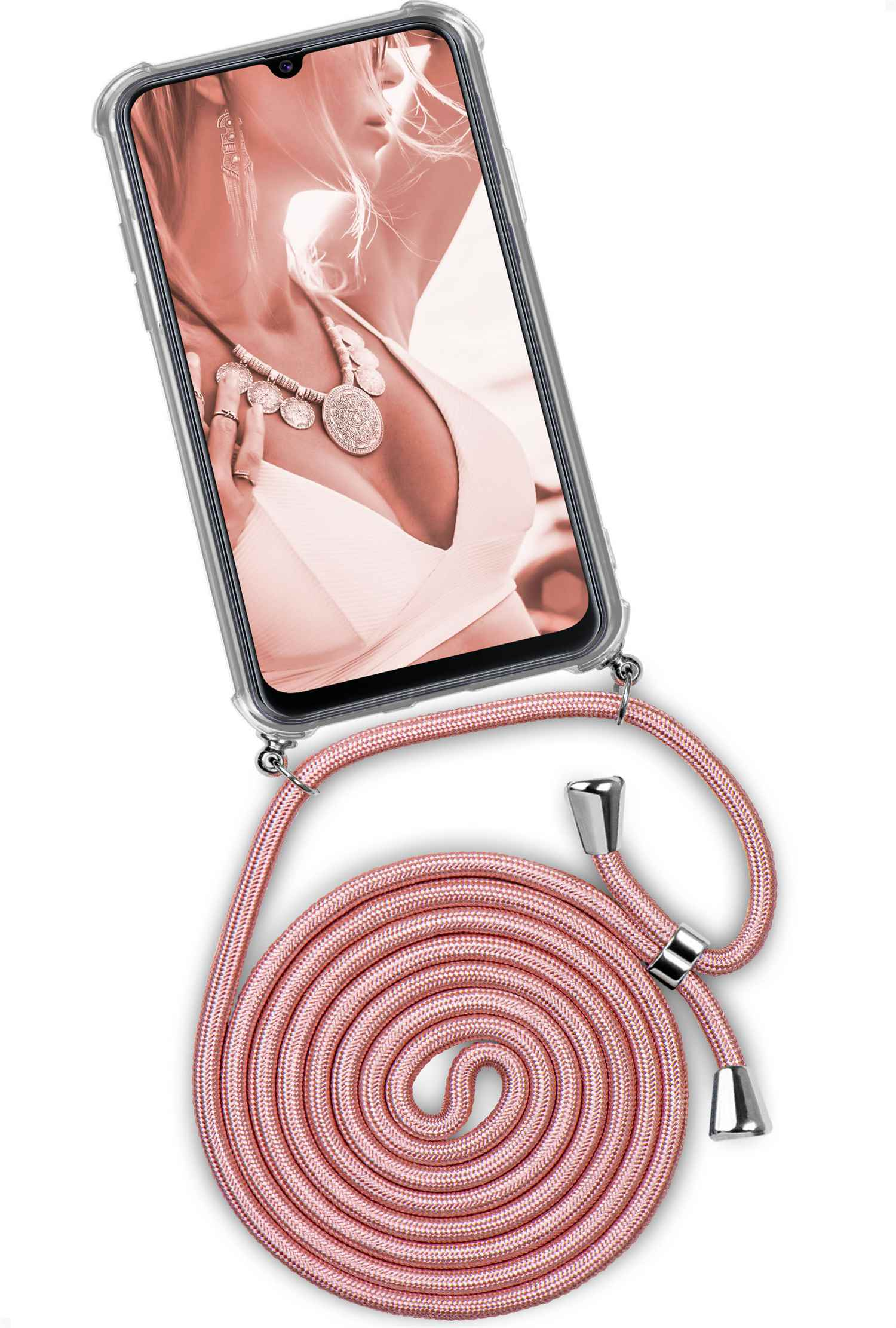 Telefon mit Frau mit Halskette, rosa Kabel. Weißer Hintergrund.