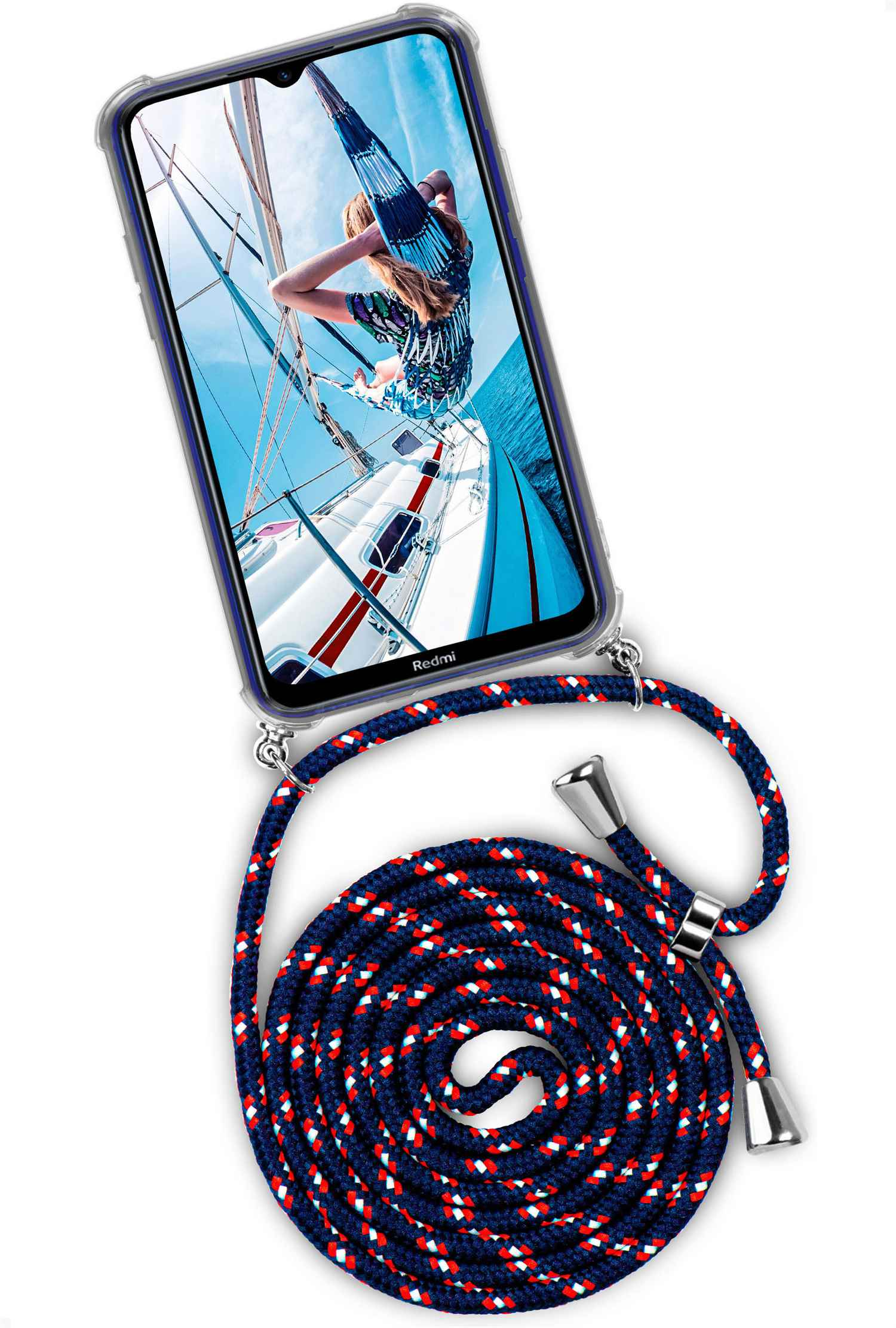 Telefon mit Boot auf dem Bildschirm und blau-weiß-rotem Seil. Silberne Akzente. Hintergrund: Meer und Boot.