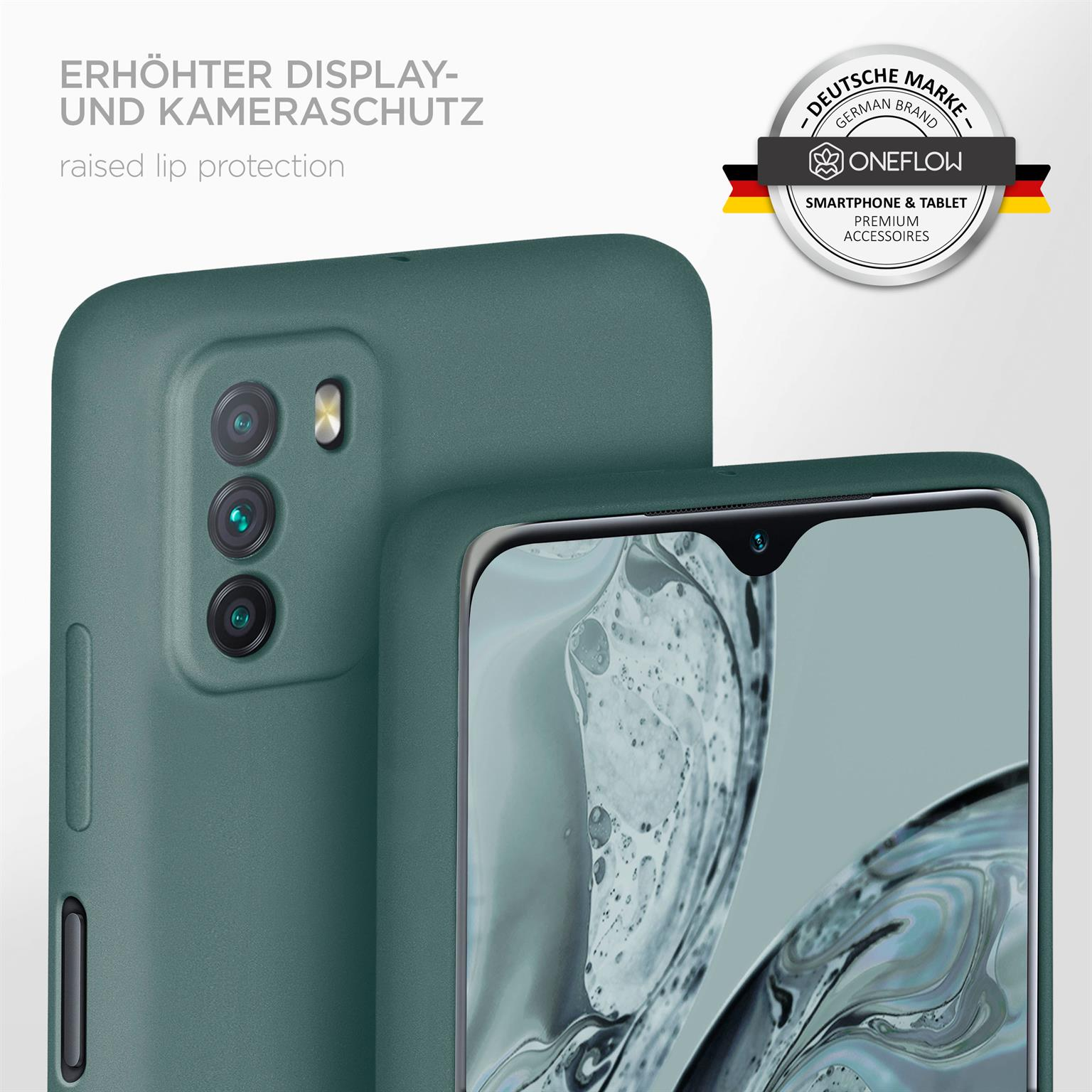 Grüne Handyhülle mit erhöhten Kanten, die Kamera und Display schützt.