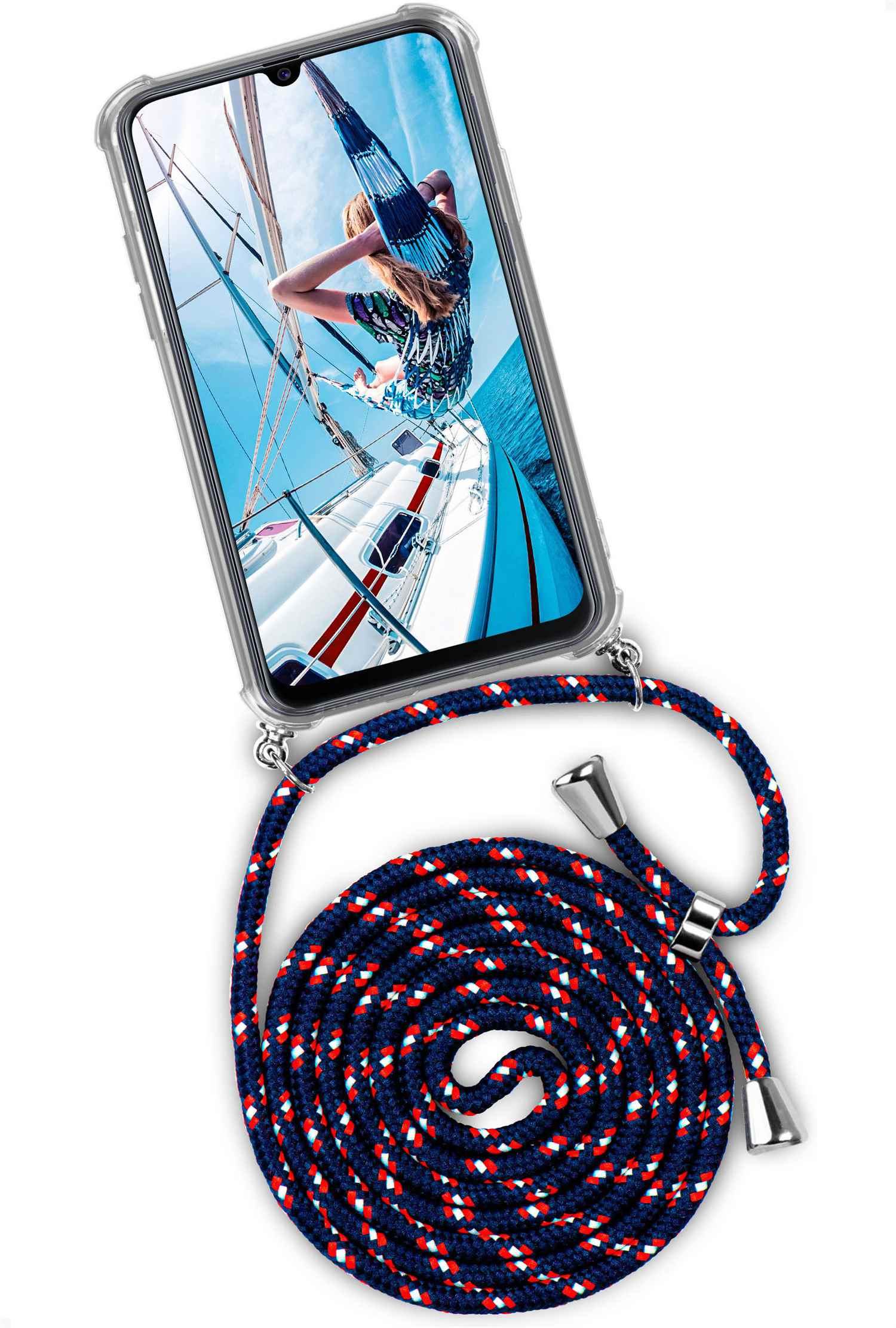 Handyhülle mit blau-rotem Seil. Eine Frau auf einem Segelboot auf dem Bildschirm des Telefons.