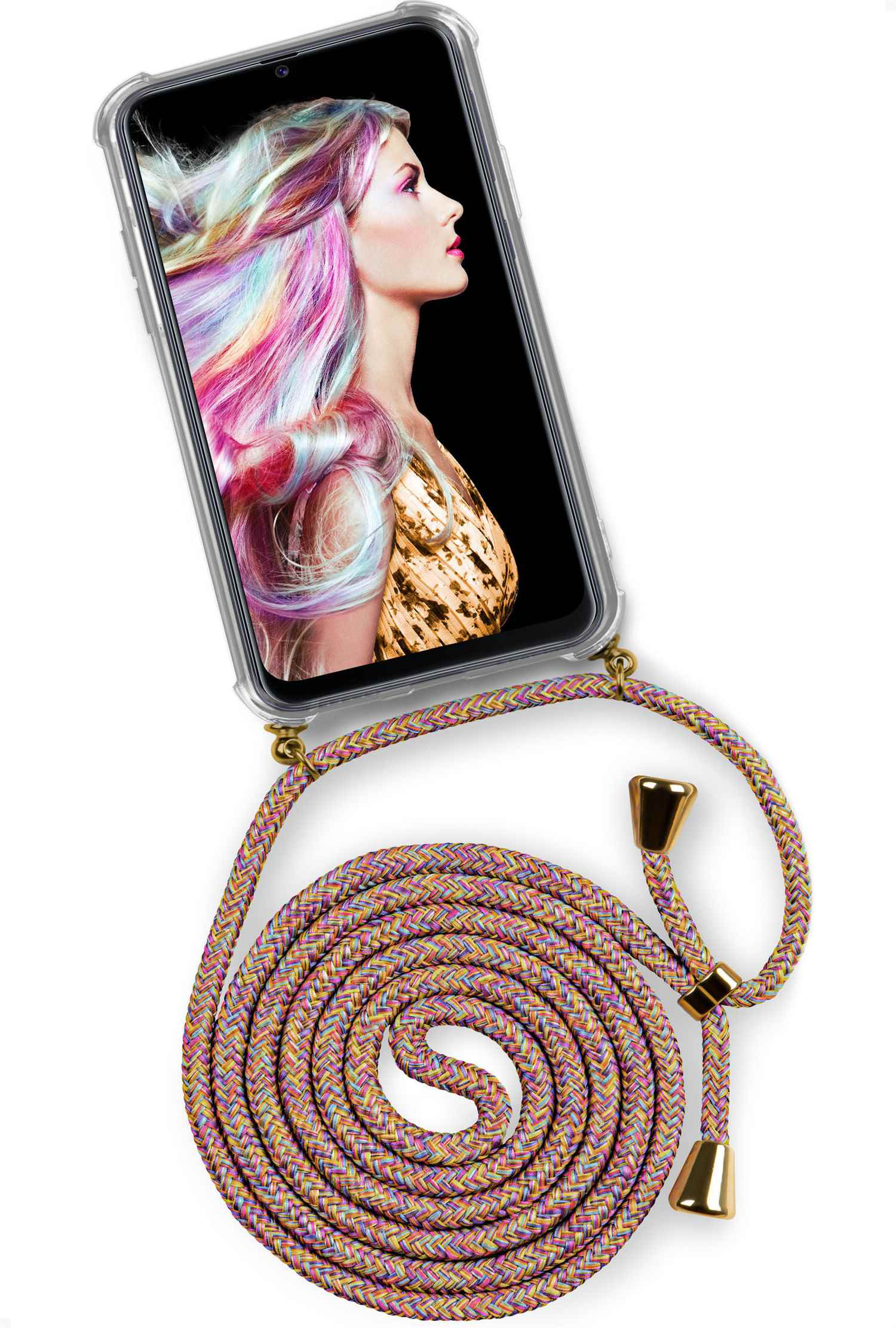 Telefon mit buntem Haar einer Frau. Das Kabel ist aufgerollt. Weißer Hintergrund.