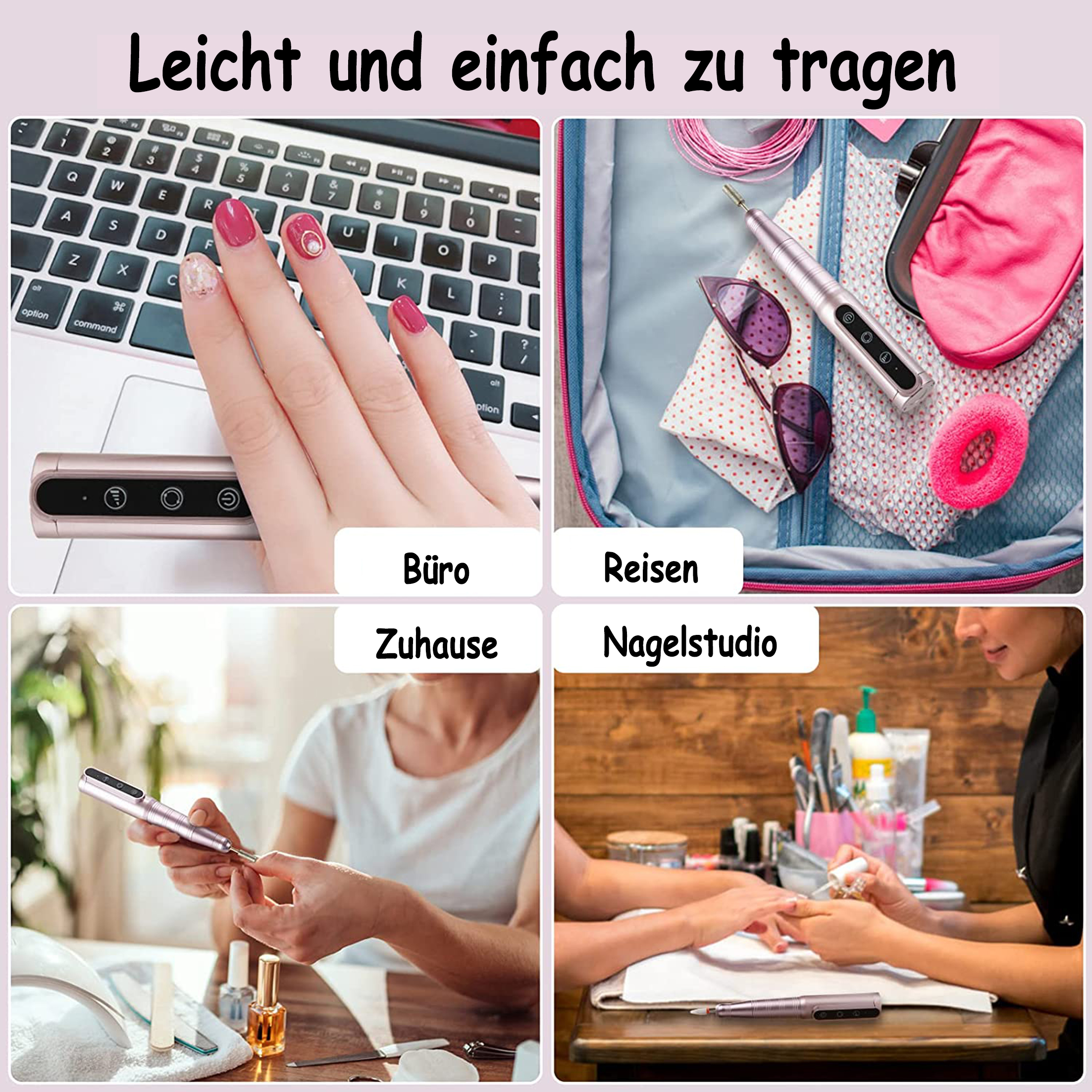 Vier Bilder, die zeigen, wie ein Nagelbohrer in verschiedenen Umgebungen verwendet wird.