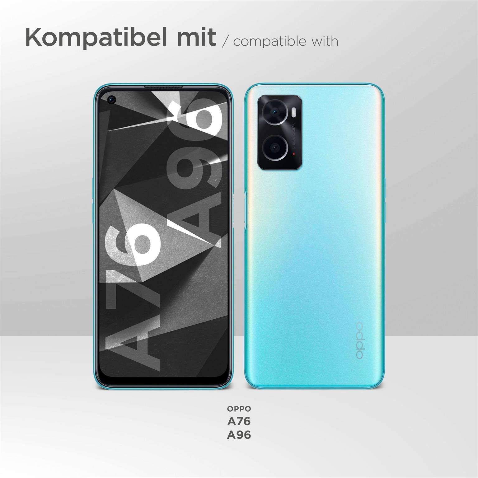 Zwei Telefone, eines mit A76 A96 Text, das andere ist ein hellblaues Oppo.