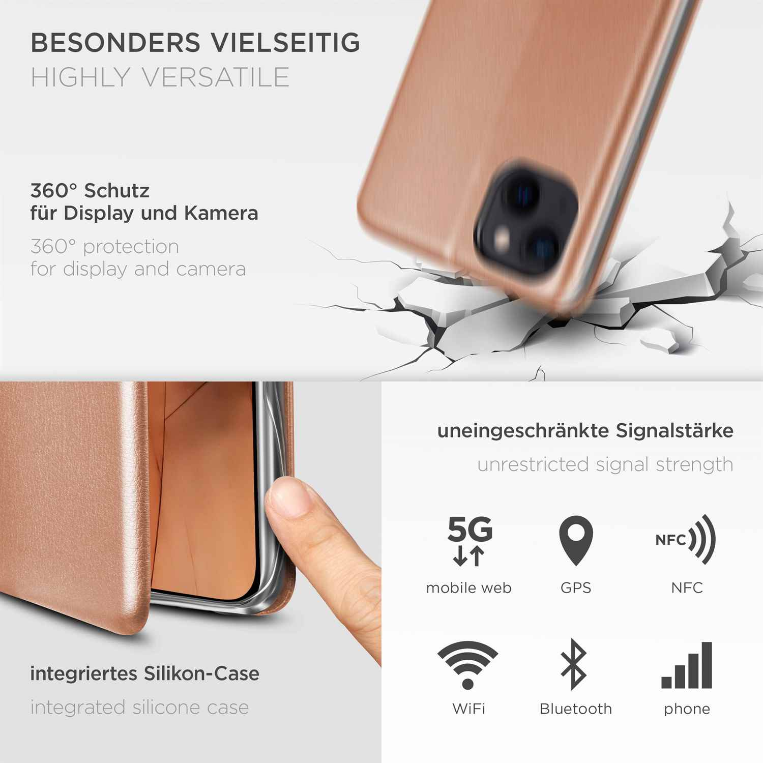 Roségoldene Handyhülle mit einem Telefon darin. Dargestellt mit Symbolen für 5G, GPS, WLAN, Bluetooth, NFC.
