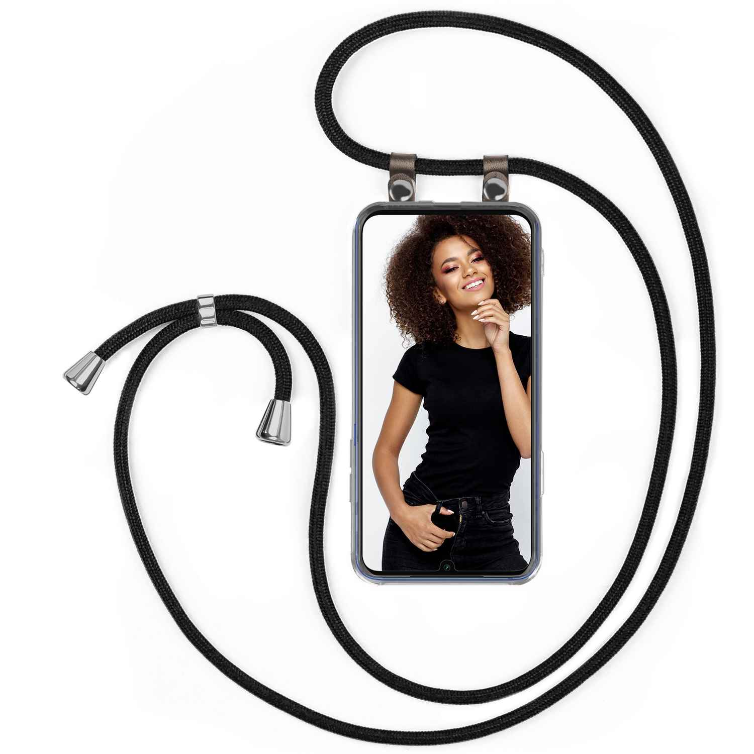 Telefon mit schwarzem Kabel zeigt Frau. Schwarzes Kabel und silberne Details.