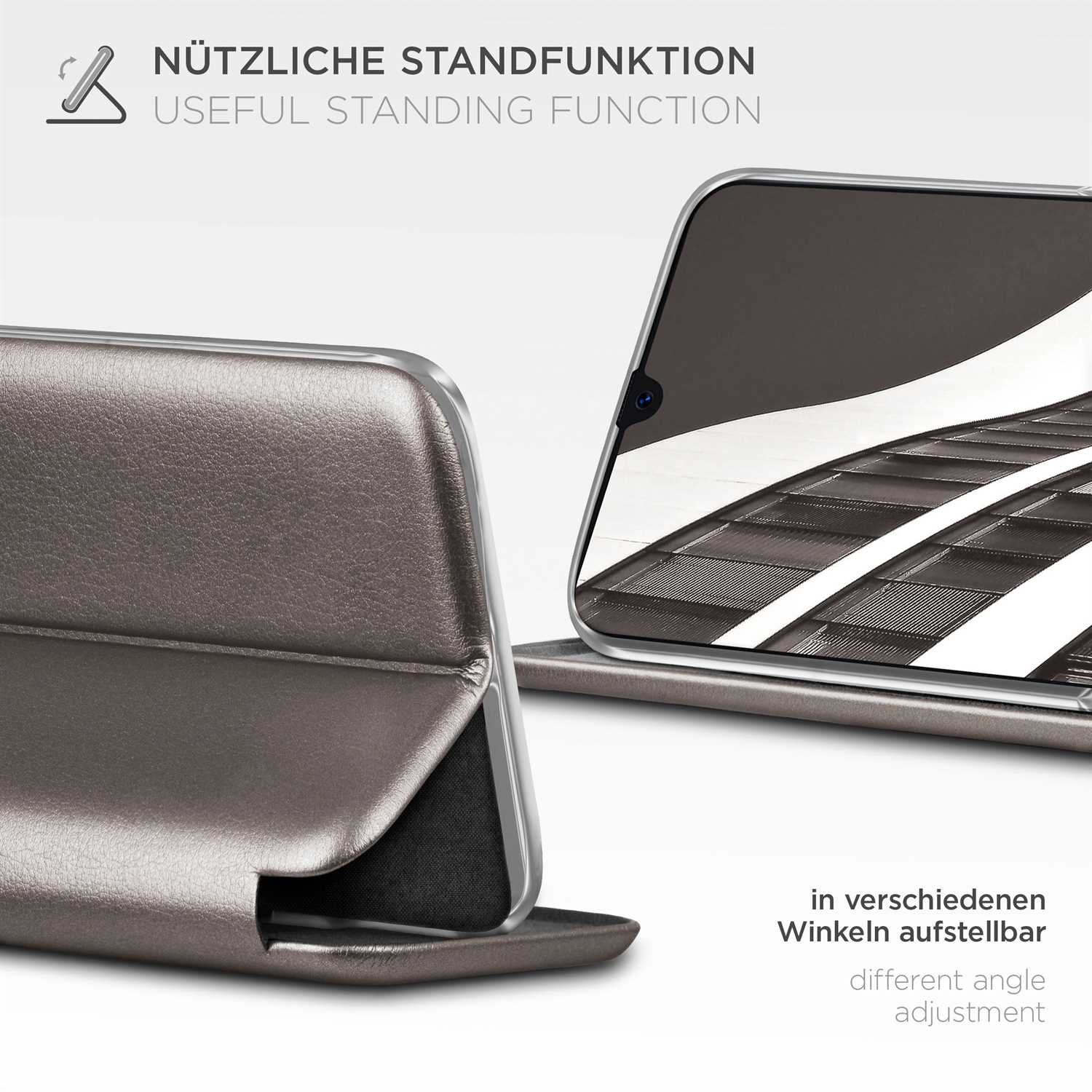 Telefon in grauem Gehäuse, hochgestellt, zeigt die Standfunktion.