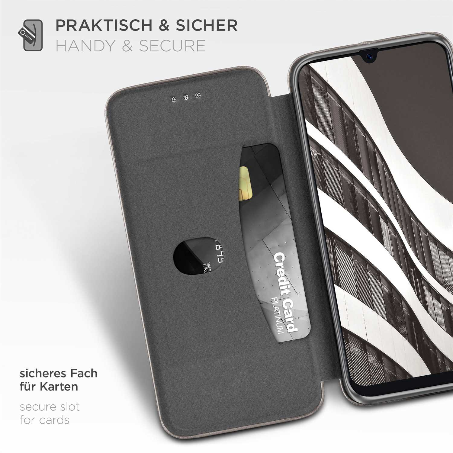 Nahaufnahme einer Handyhülle mit Kartenfach und Kreditkarte. Text sagt 'sicheres Fach für Karten'.