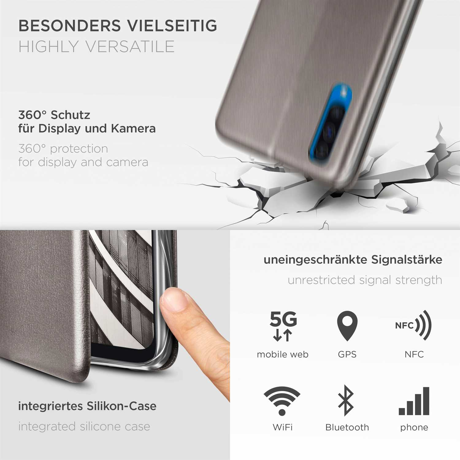 Ein Telefon in einer metallischen Hülle mit Symbolen für Konnektivität und Signalstärke.