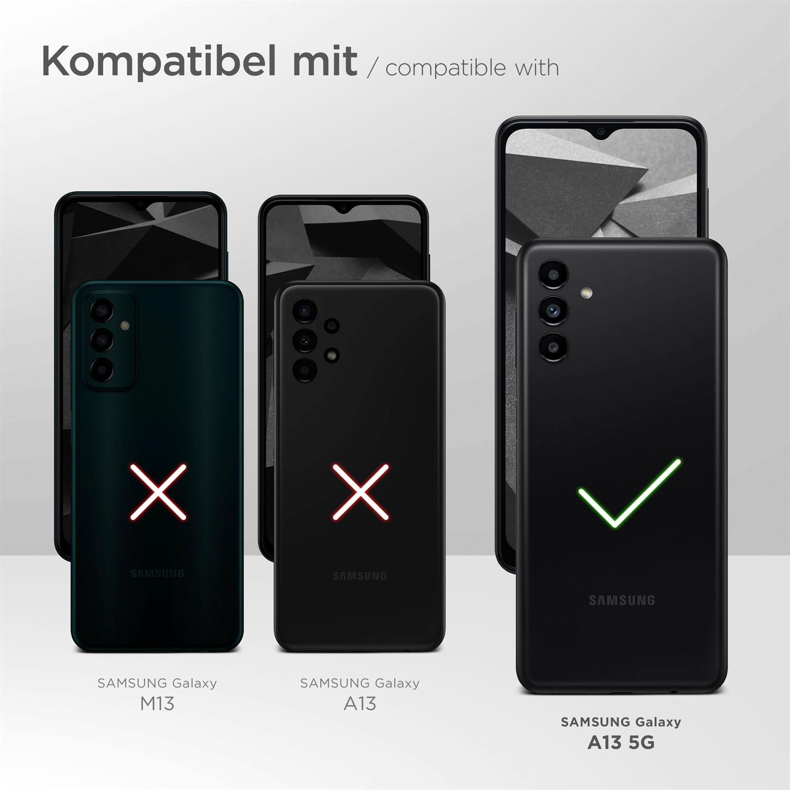 Bild zeigt Telefone mit Kompatibilitäts-Haken und X-Markierungen. Samsung Galaxy A13 5G ist kompatibel.