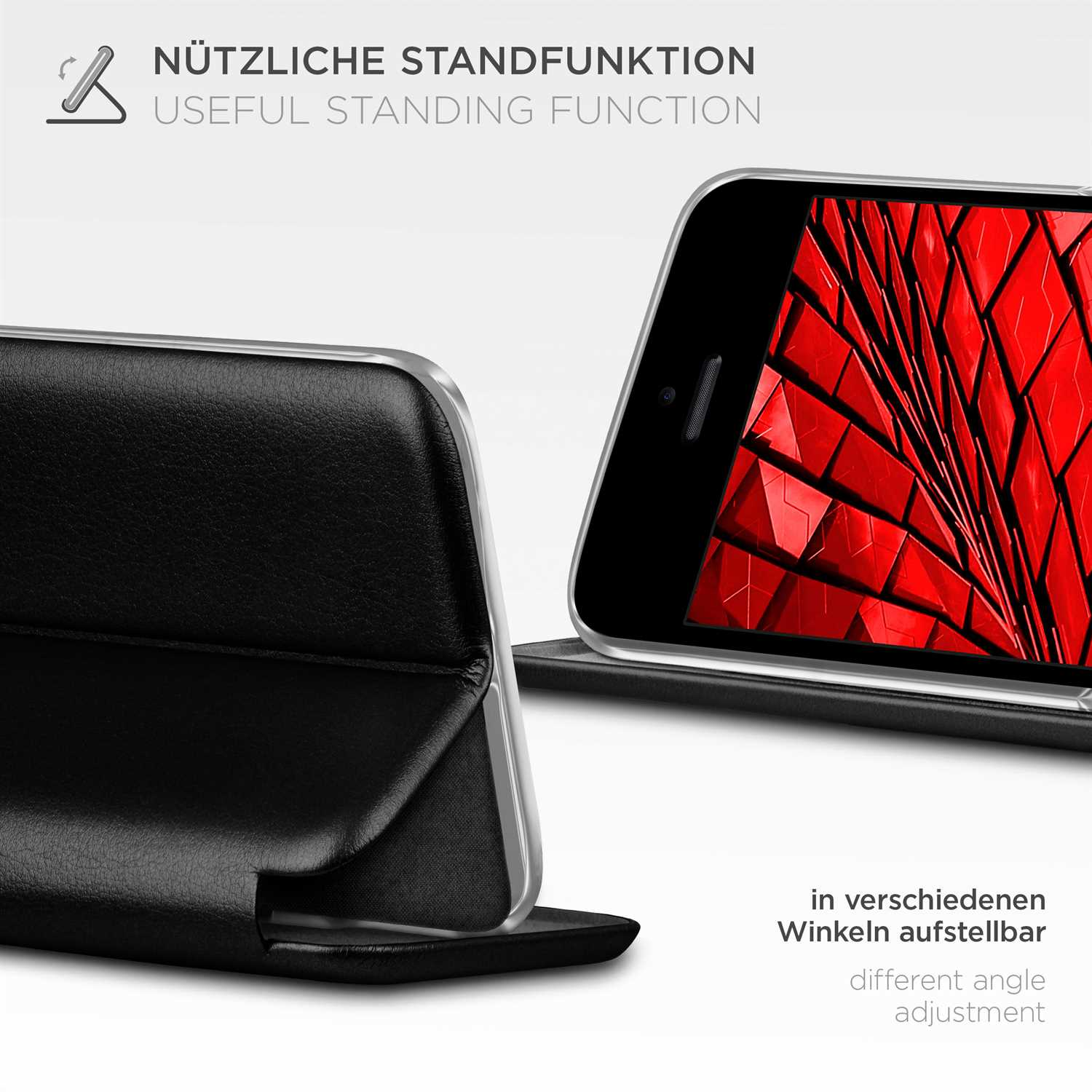 Schwarze Handyhülle mit Ständer, zeigt einen Telefonbildschirm mit rotem Hintergrund.