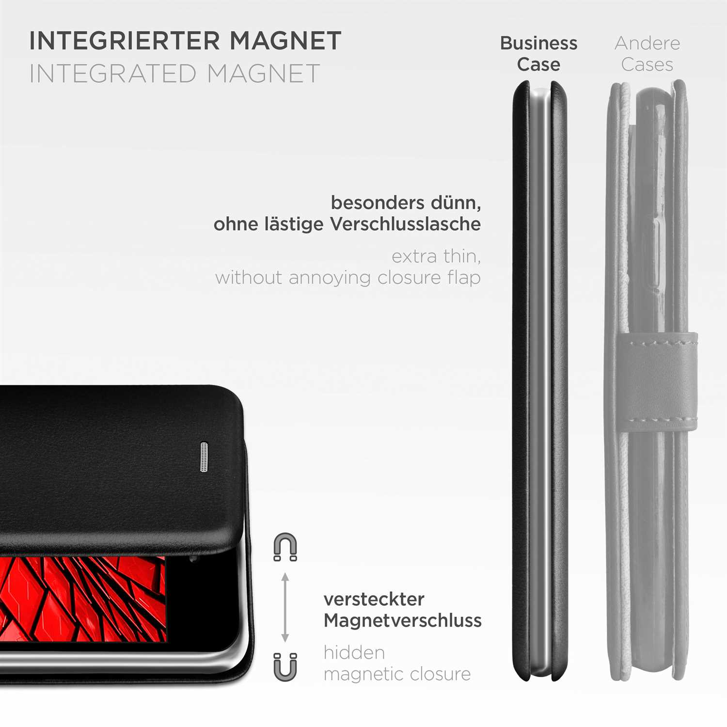 Handyhülle mit integriertem Magneten und verstecktem Magnetverschluss. Text sagt 'extra dünn, ohne störende Verschlusslasche'.