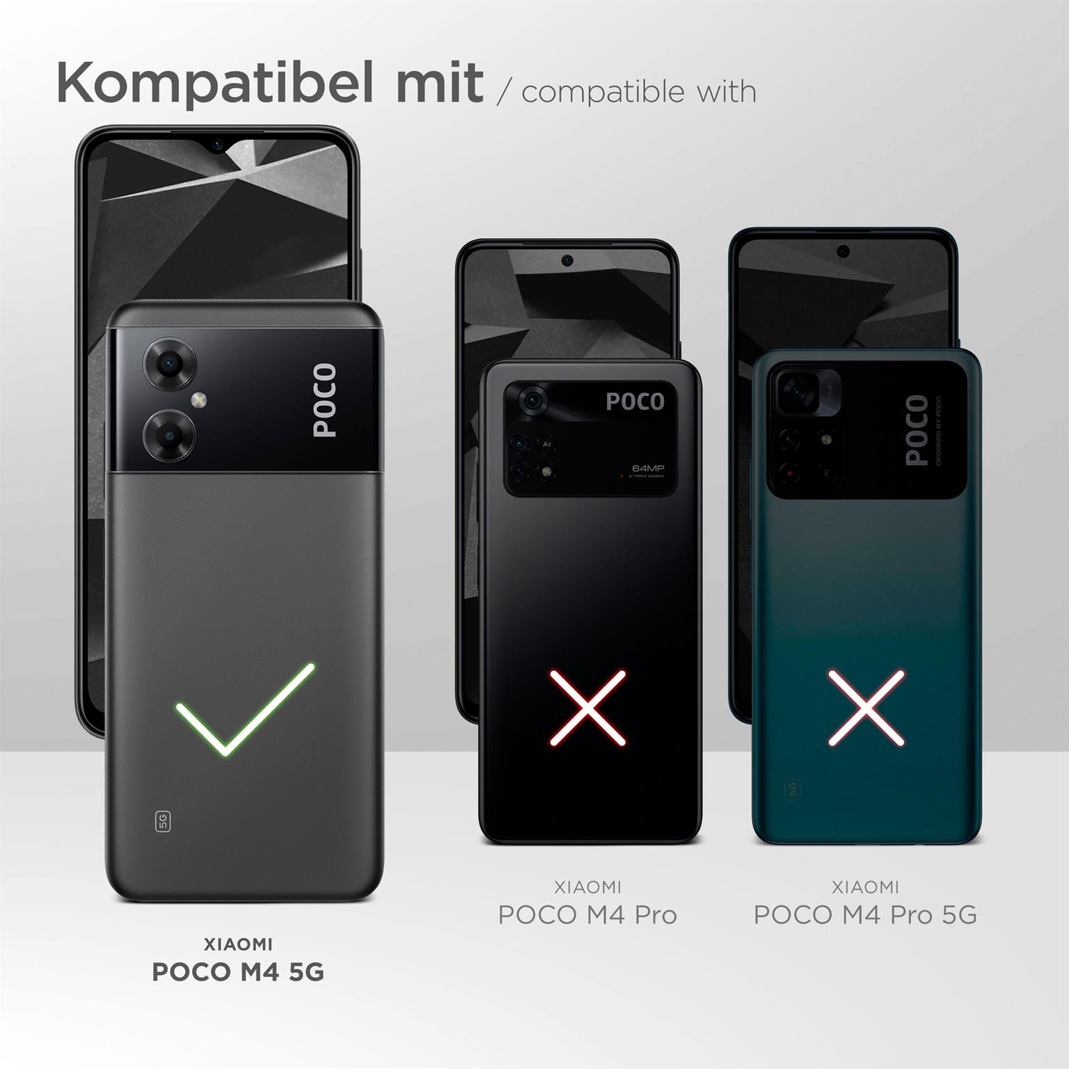 Handyhüllen mit POCO-Telefonen; eine kompatibel, zwei inkompatibel. Weißer Hintergrund.