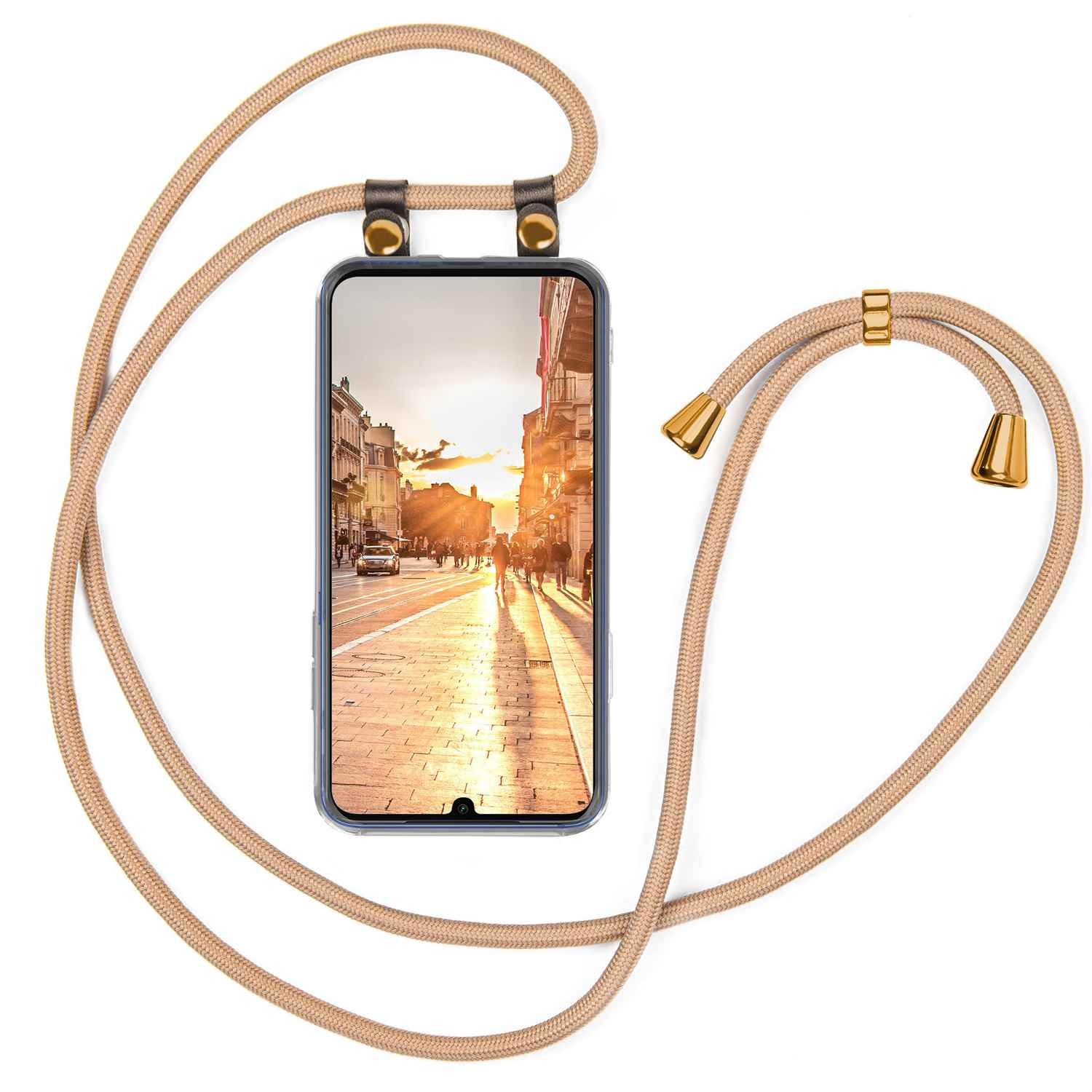 Ein Smartphone mit beigefarbener Kordel. Das Telefon zeigt eine Stadtstraßenszene.