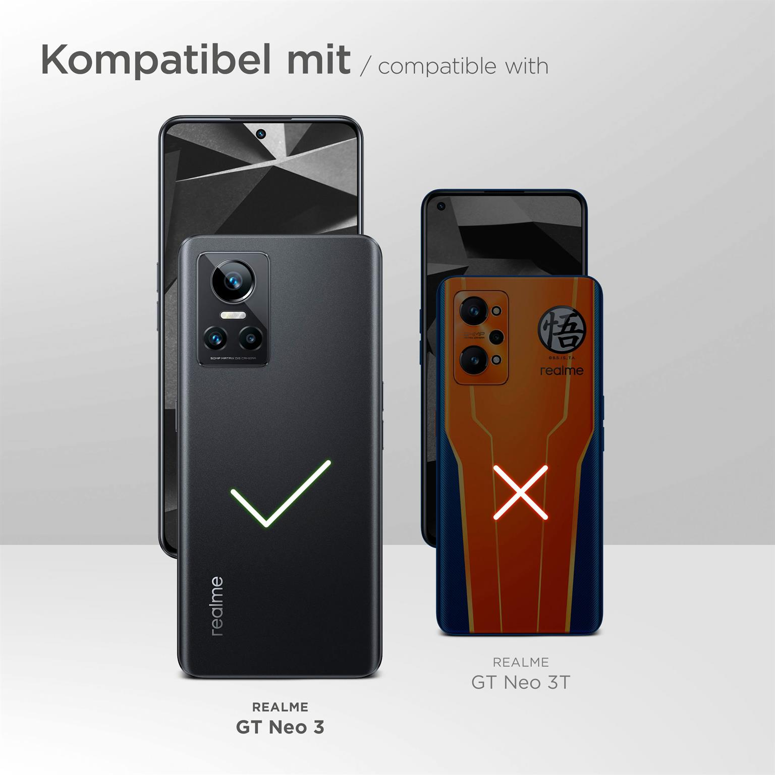 Bild zeigt Telefone mit Kompatibilitäts-Haken und X-Markierungen. Realme GT Neo 3 ist kompatibel.