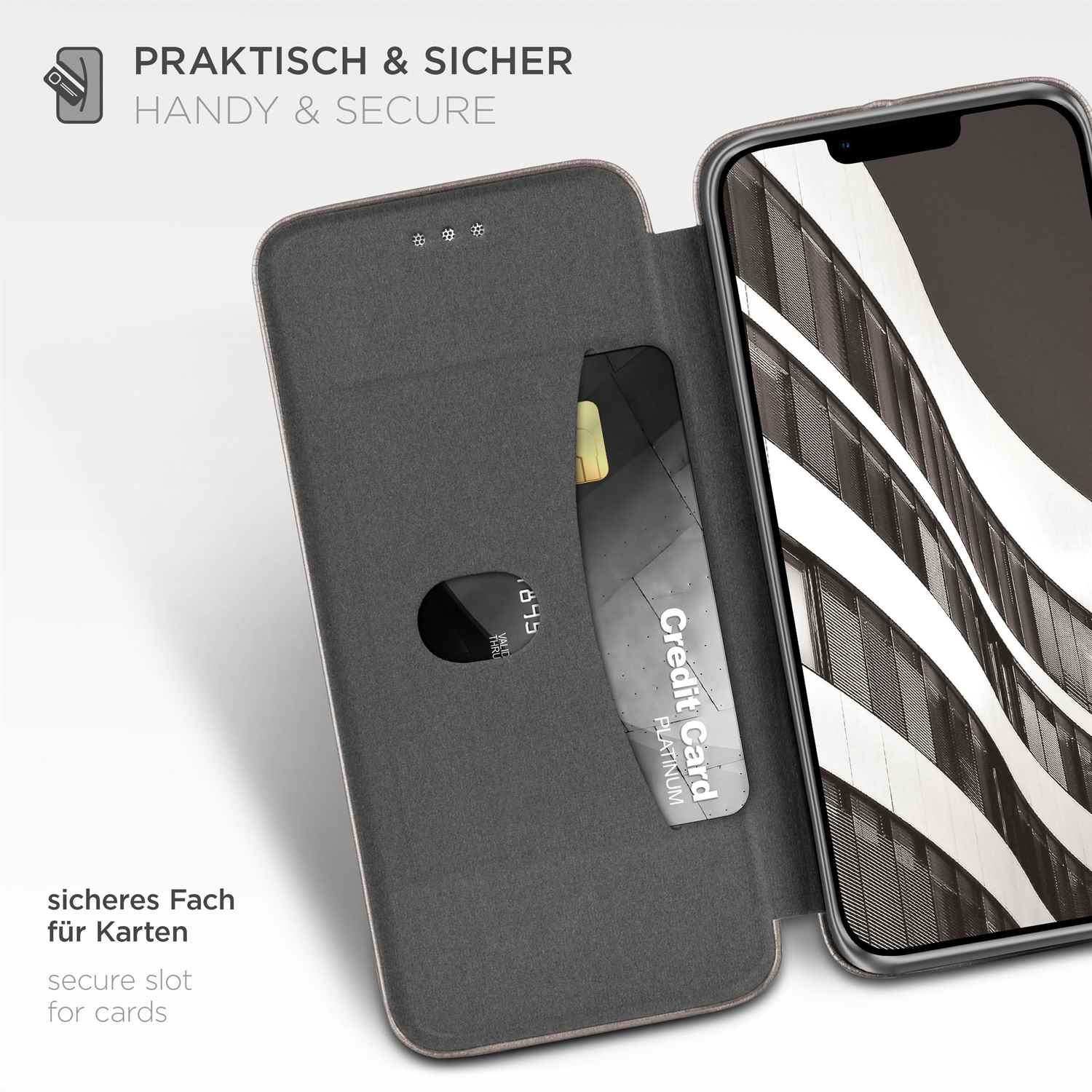 Geöffnete Handyhülle mit Kartenfach, beschriftet mit 'Handy & Secure'.