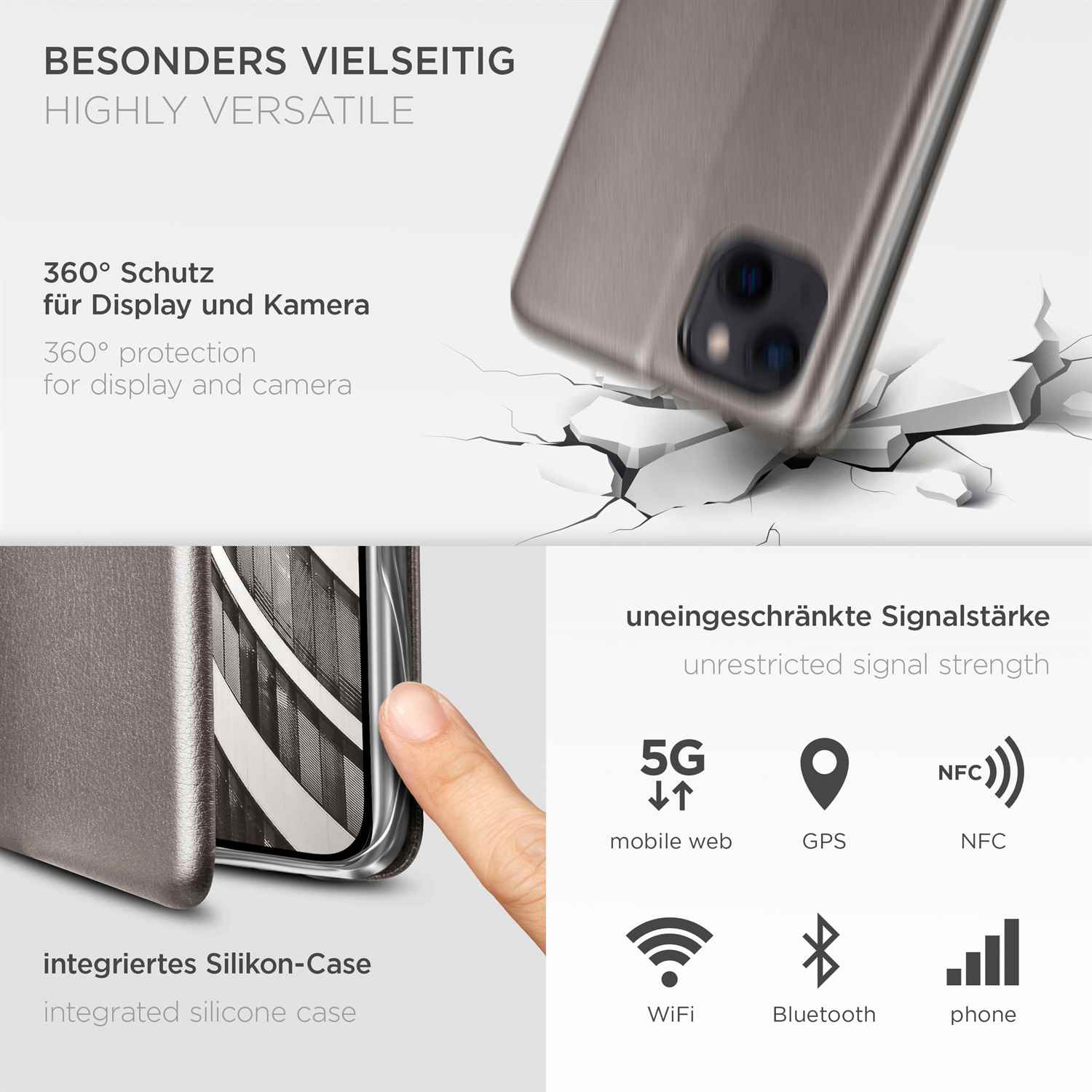 Bild, das eine Handyhülle mit Funktionen wie 360°-Schutz, 5G, GPS, NFC, WLAN, Bluetooth und Telefonsignal zeigt.