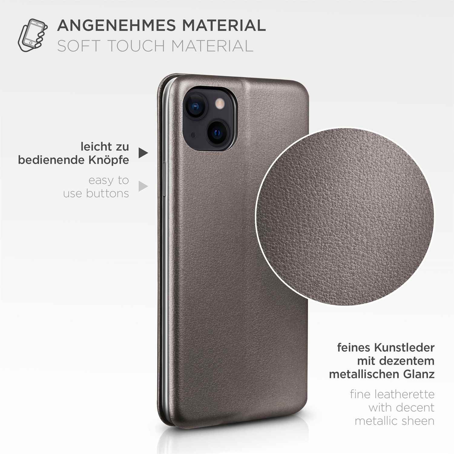 Graues Handycase mit Material-Nahaufnahme. Text: Soft-Touch, leicht bedienbare Knöpfe, feines Kunstleder.