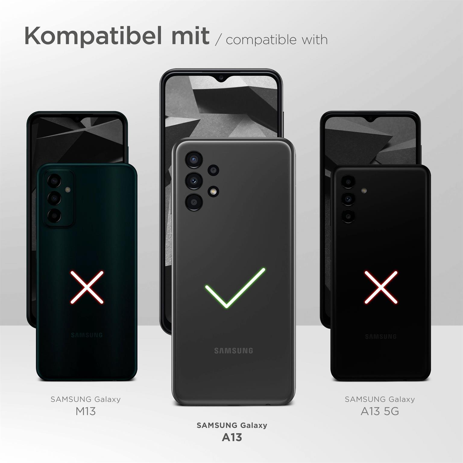 Bild zeigt drei Samsung-Telefone mit Hüllen. Nur das mittlere Telefon hat ein Häkchen.