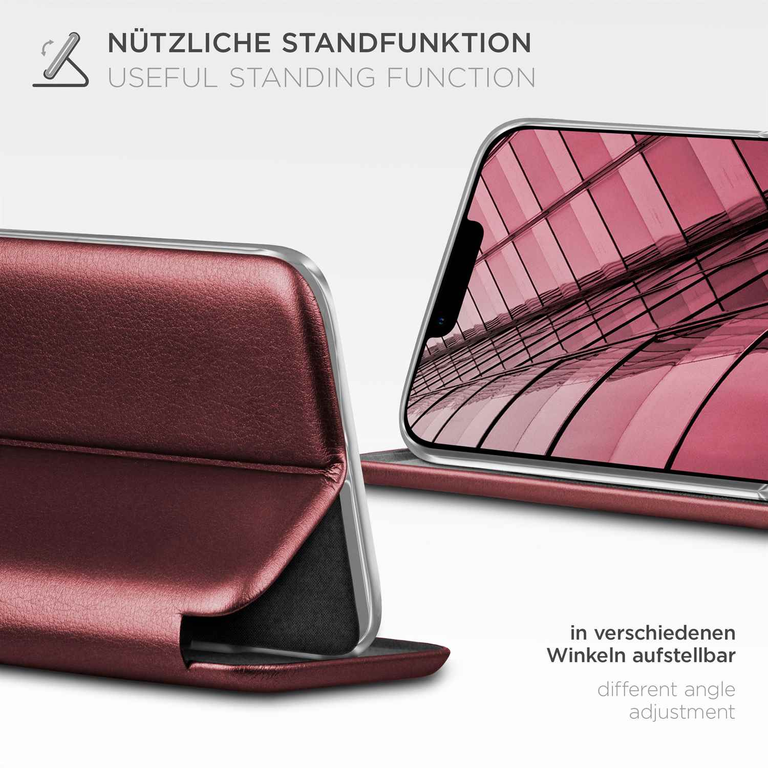 Burgunderfarbene Handyhülle mit Standfunktion in einem Winkel dargestellt, mit Textüberlagerung.