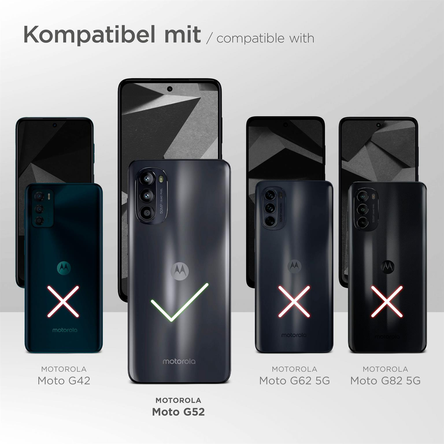Eine Auswahl an Motorola-Telefonen mit einem grünen Häkchen neben dem Moto G52.