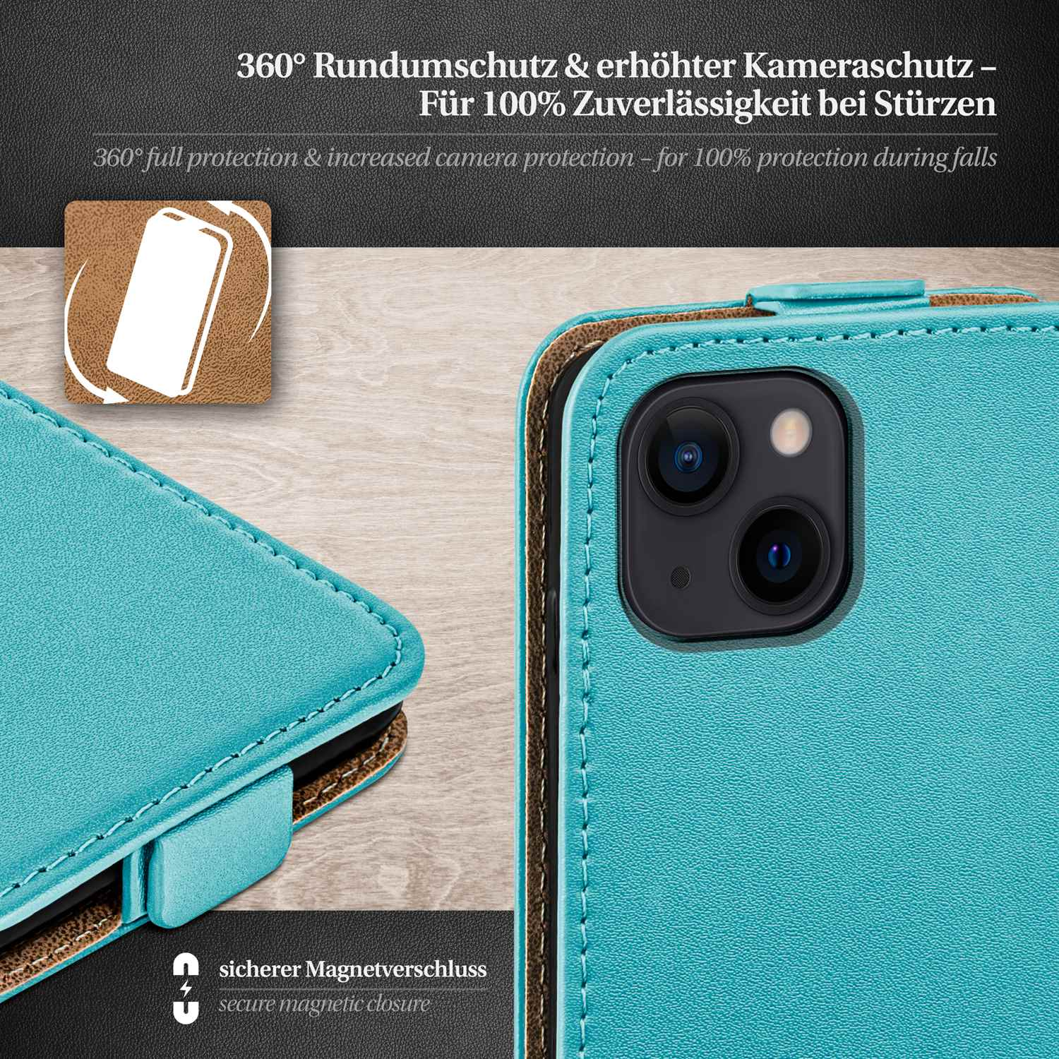Nahaufnahme einer türkisfarbenen Handyhülle mit Lederfinish und Text über Schutz.