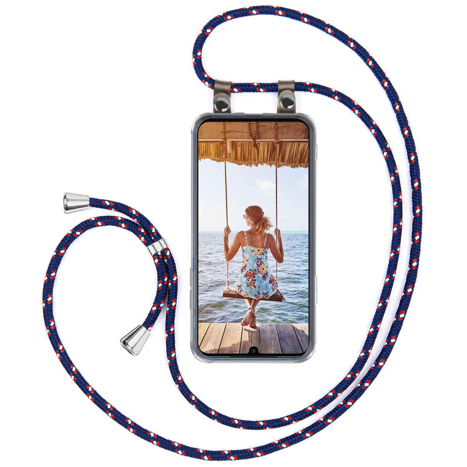 Telefon mit blau-rotem Kabel, zeigt Frau auf Schaukel. Ozean-Hintergrund.