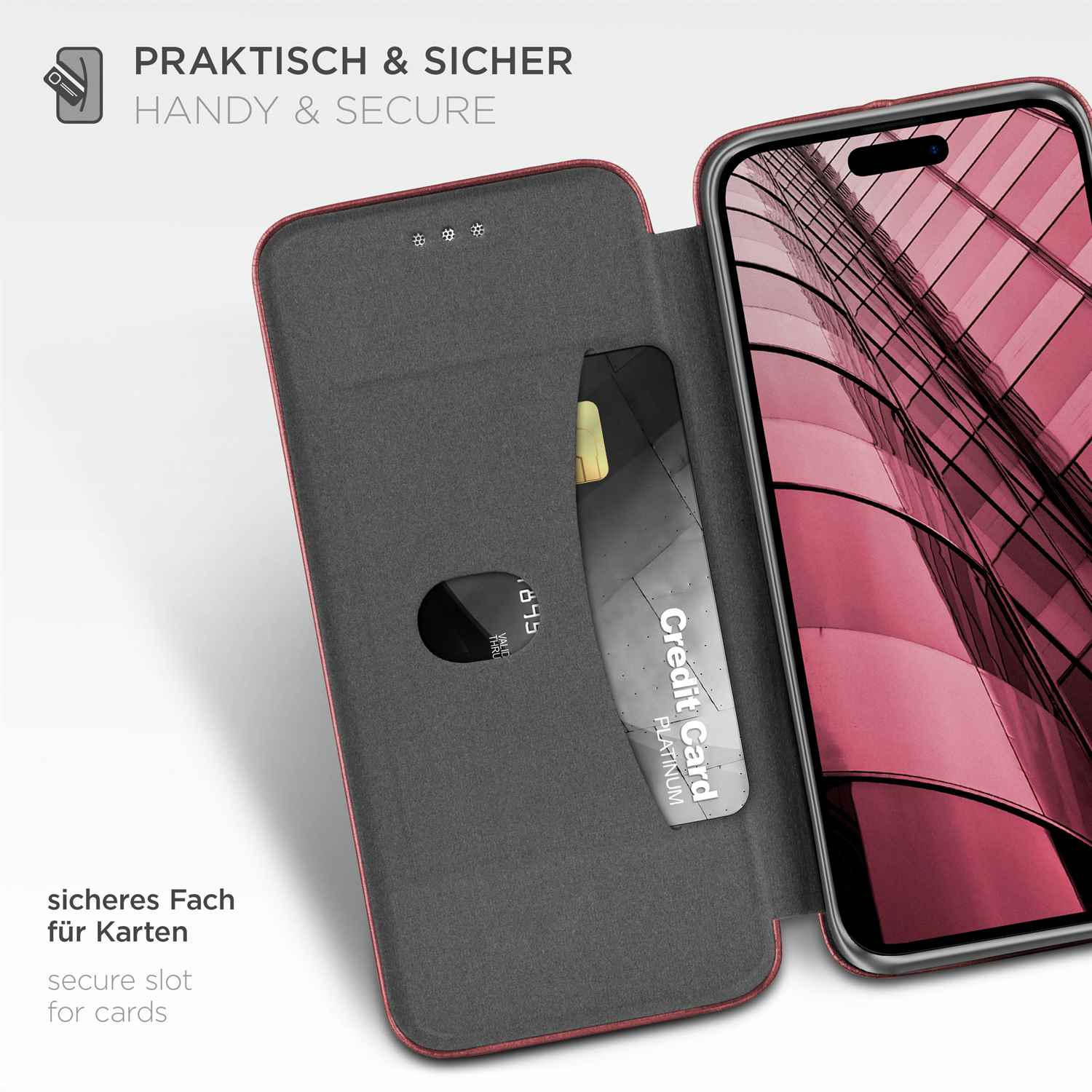 Offene Handyhülle mit Kreditkarte. Text lautet: Sicheres Kartenfach.