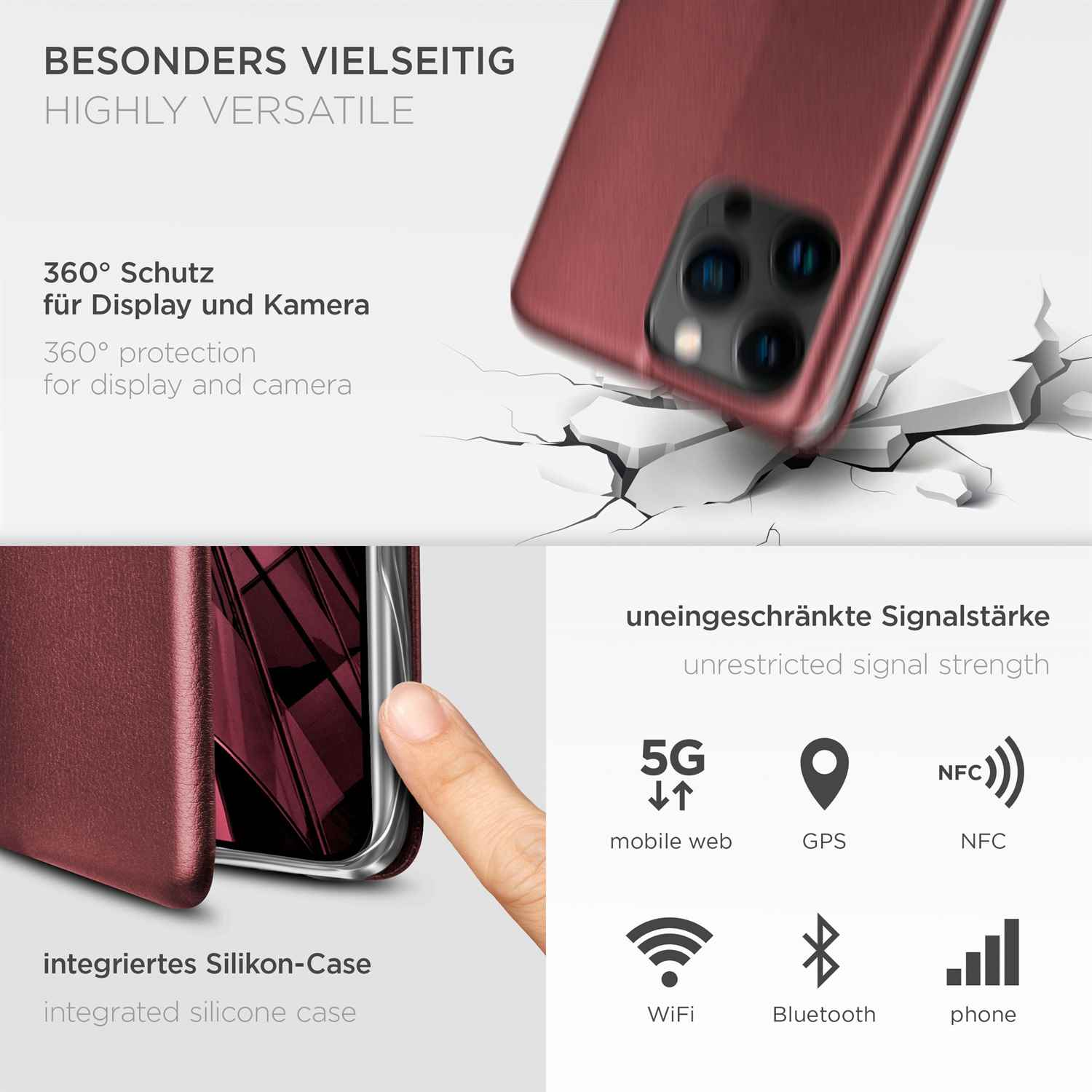 Eine Handyhülle und ein Telefon. Der Text besagt 360°-Schutz, uneingeschränkte Signalstärke und 5G.