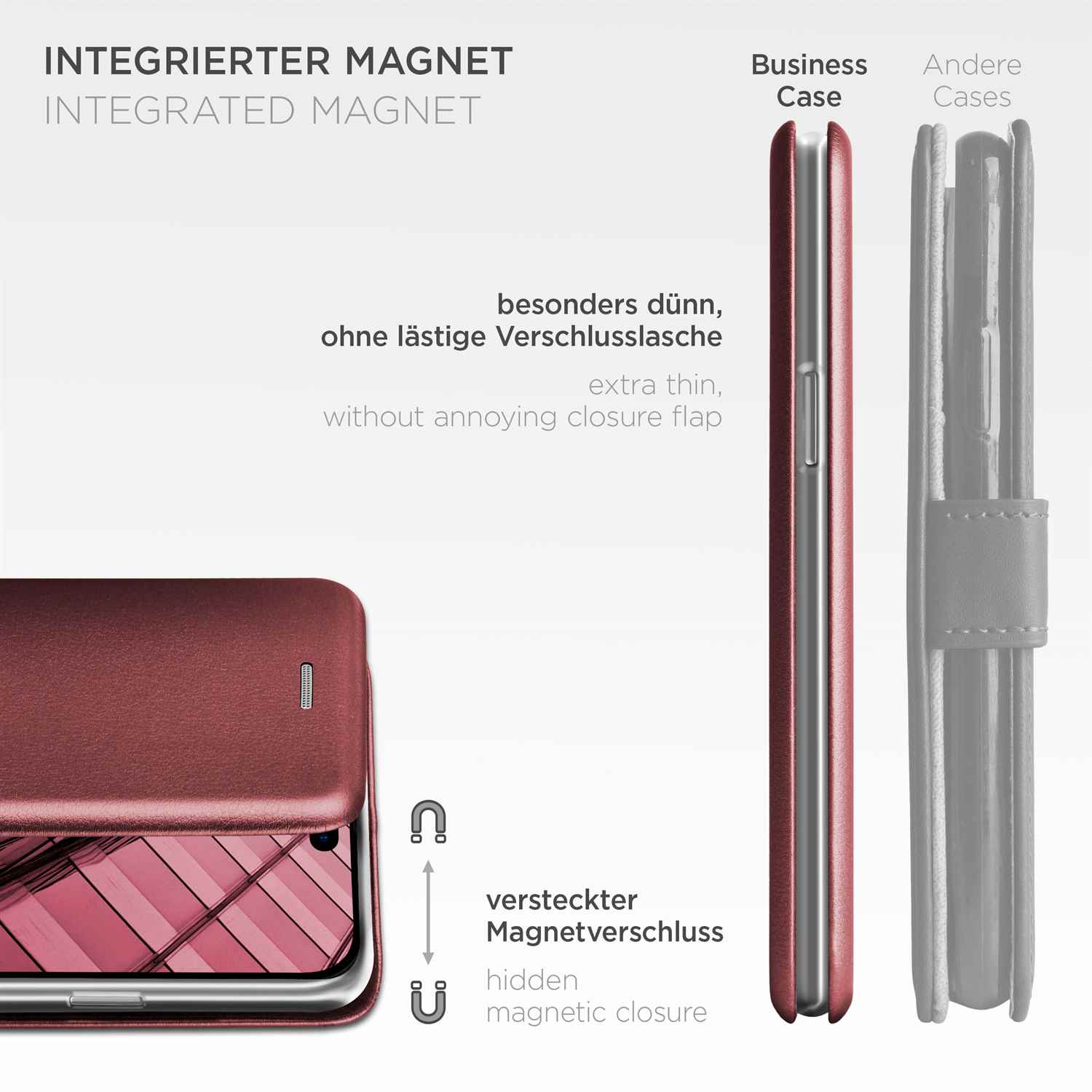 Burgunderfarbene Handyhülle mit verstecktem Magnetverschluss, im Vergleich.