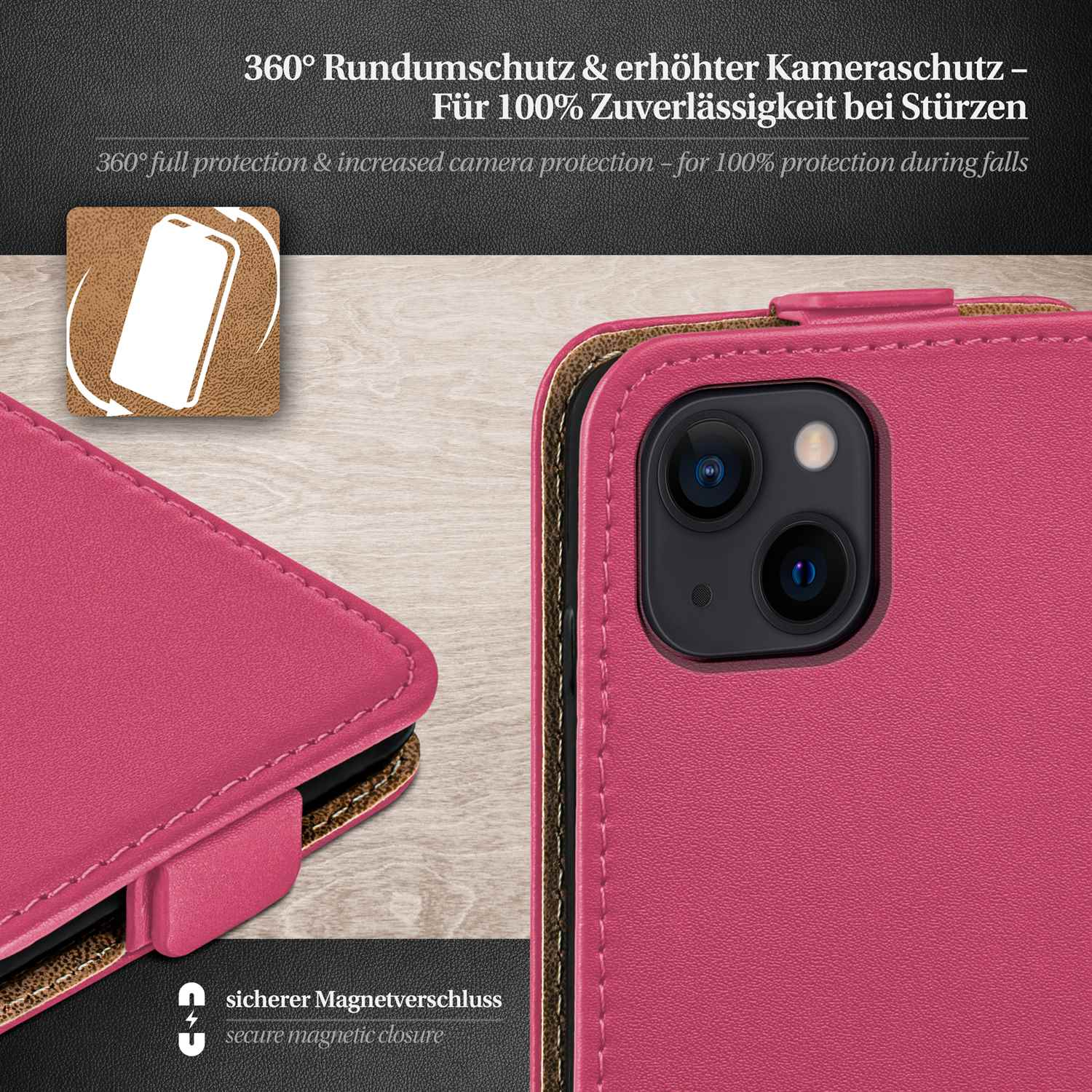 Rosafarbene Handyhülle, Magnetverschluss, Text '360° Rundumschutz'.