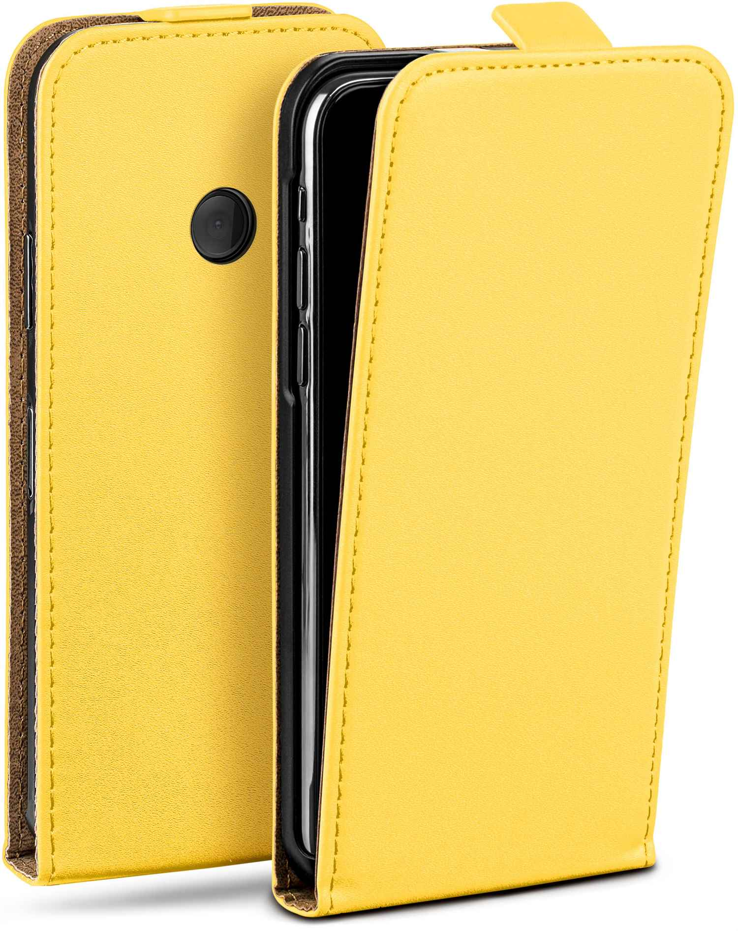Gelbe Handyhülle, geöffnet, um das Telefon im Inneren zu zeigen.